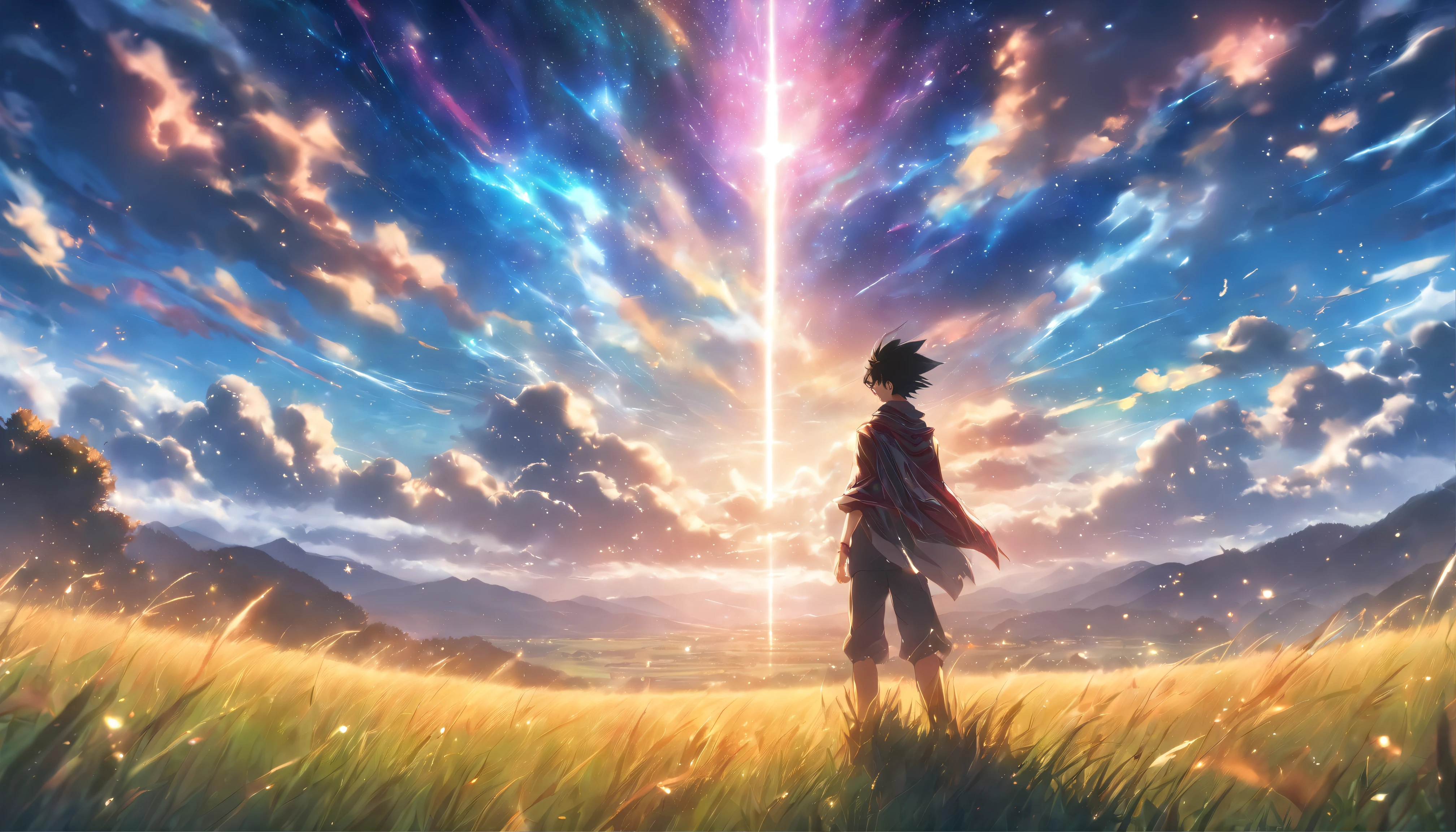 A young man standing on an open grassland, with sunlight shining through the clouds and casting a blurry shadow on him. He looks at the distant mountains with a mix of confusion and excitement in his eyes.,in the style of the stars art group xing xing, 32k, best quality, masterpiece, super detail, high details