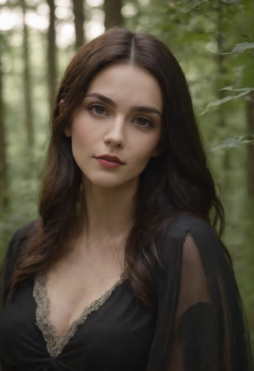 masterpiece, best quality, masterpiece, (1girl), (LLChar), evil witch, dark energy, void, empty eyes, (extremely evil), dark magic, dark forest, negaive energy, hell, void, stars, black hair,