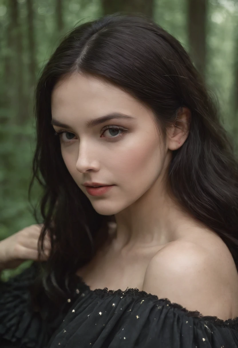 black hair, wet hair, shiny hair, messy hair, hair over shoulder, empty eyes, longeyelashes, blush, mouth hold, Romanticism, Surrealism, full body shot, full body photo, black underwear big breasts depth of field, Fujicolor, f/1.8, UHD, high details, textured skin, best quality, highres, 8k