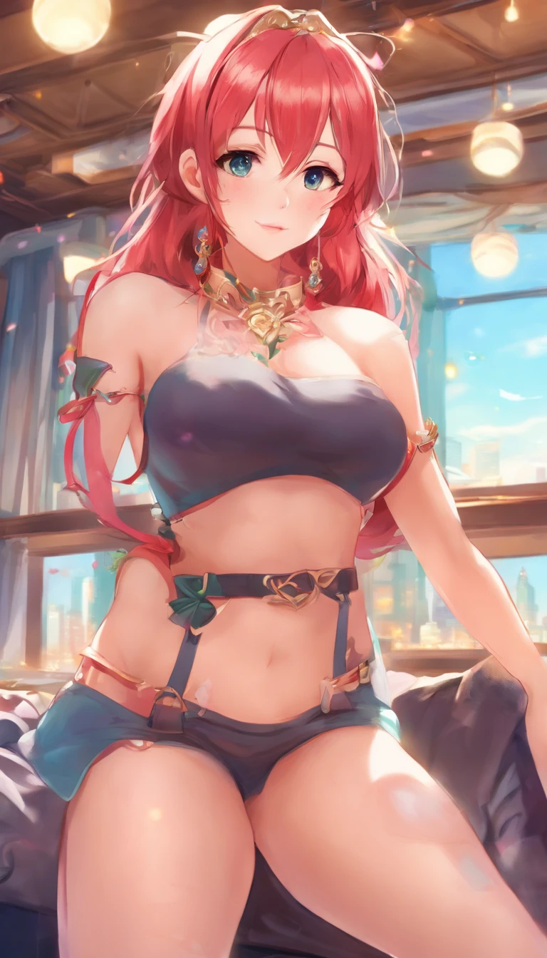 ((Realistic lighting, Best quality, 8K, Masterpiece: 1.3)), Clear focus: 1.2, 1girl, Perfect body beauty: 1.4, Slim abs: 1.1, ((long layer wavy hair, small breasts: 1.3)), (Wearing strapless lace thong: 1.4, red stockings: 1.2,),gater belt ,(indoor, night: 1.1), City streets view from 5 stars hotel room,cameltoe, Super fine face, fine eyes, double eyelids, standing, open legs, squatting