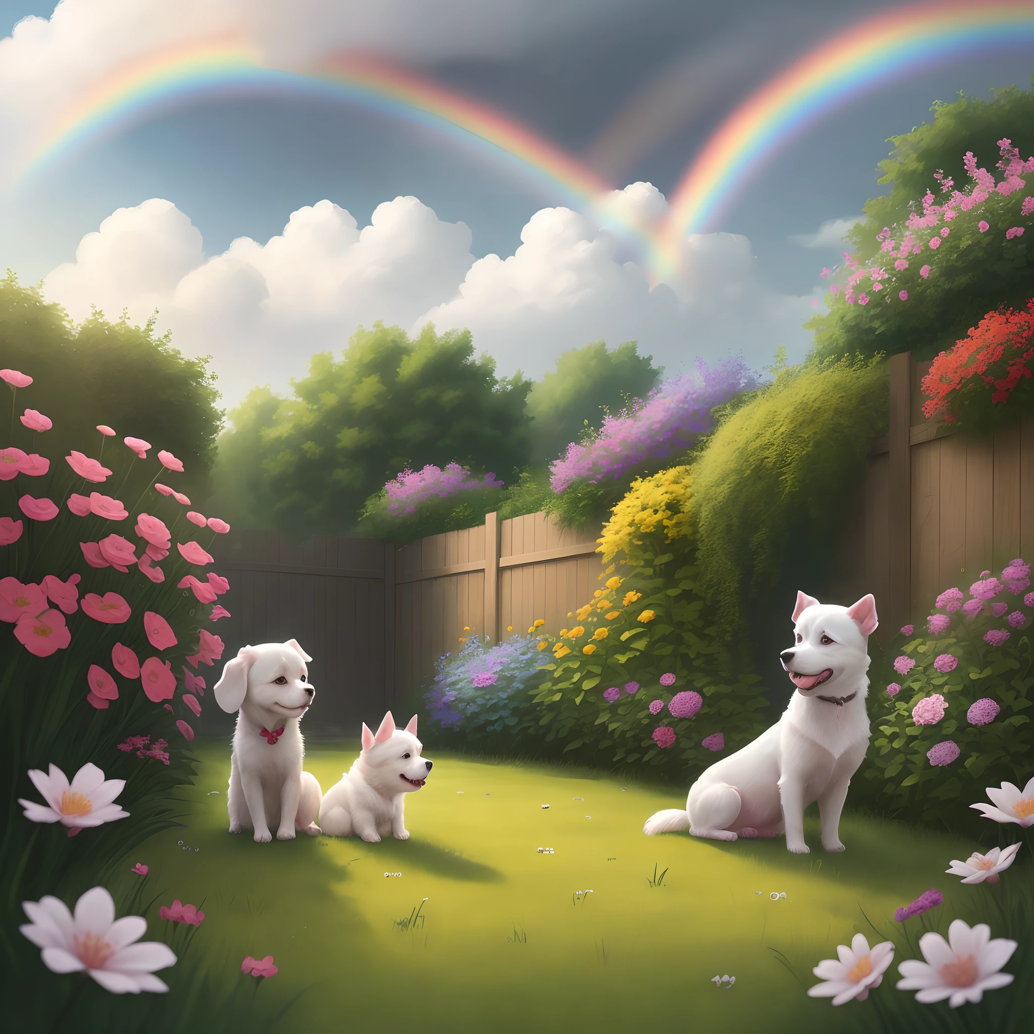 (carton) a white small dog in the garden with a charming girl, the girl is using umbrella, and raining and see a rainbow in the sky, grass and flowers around them