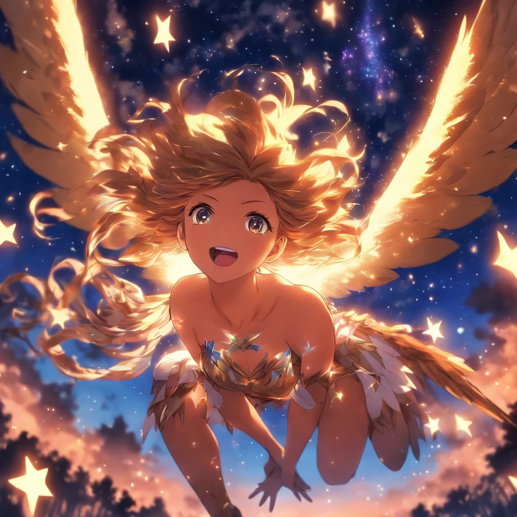 comics. Starry sky in the background. Fairy girl with large breasts open, falling down, dressed as a hawk.