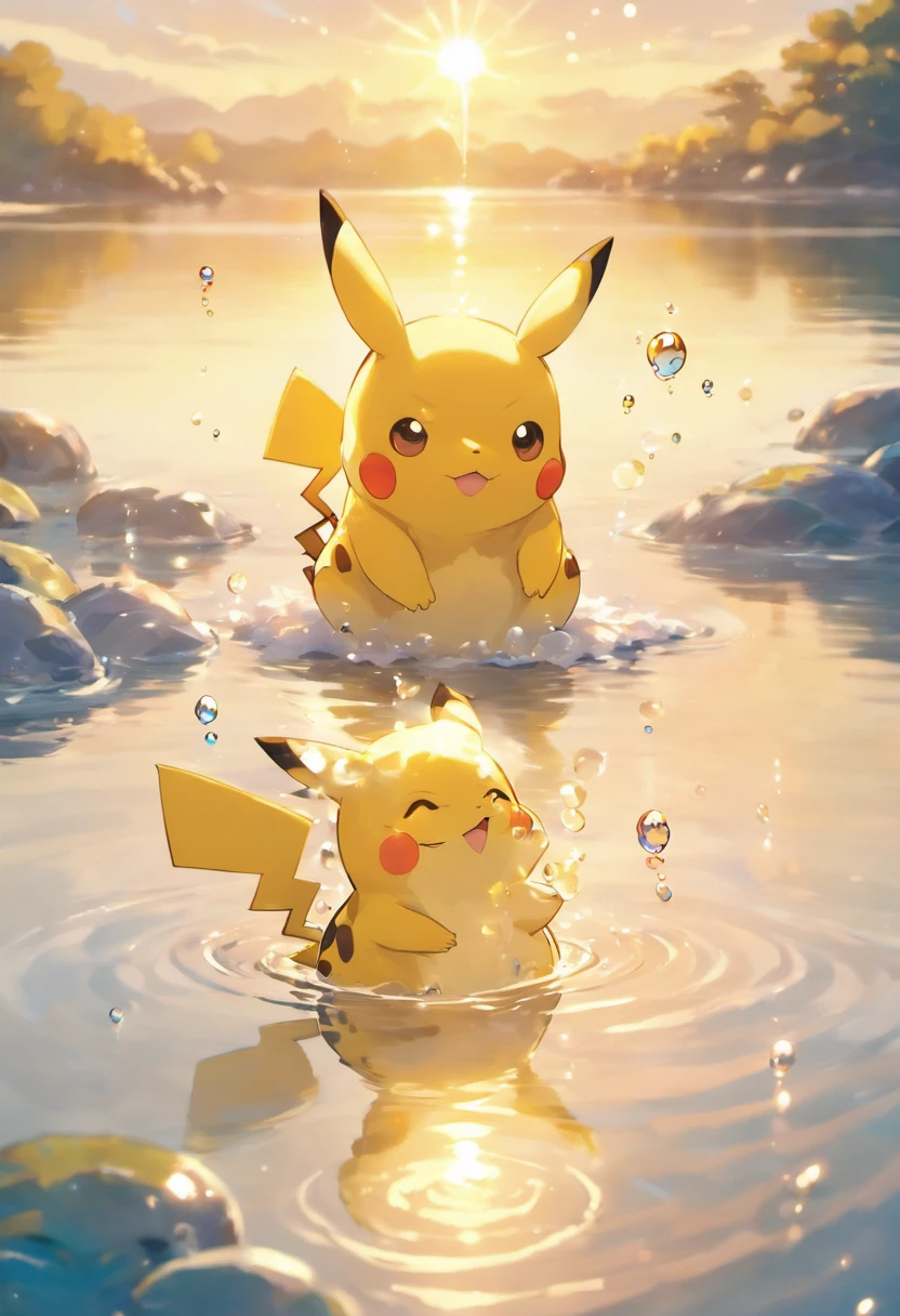 An inspiring scene in ultra-high definition 3D showing Pikachu making a wish on the shore of a tranquil lake. Pikachu, Beautifully rendered down to the smallest detail, Bubbles are seen gently blowing into the air, Each has a hopeful wish. Bubbles capture the reflection of the setting sun, Dreamy creation, magical effect. The overall atmosphere is soft, Full of hope and tranquility