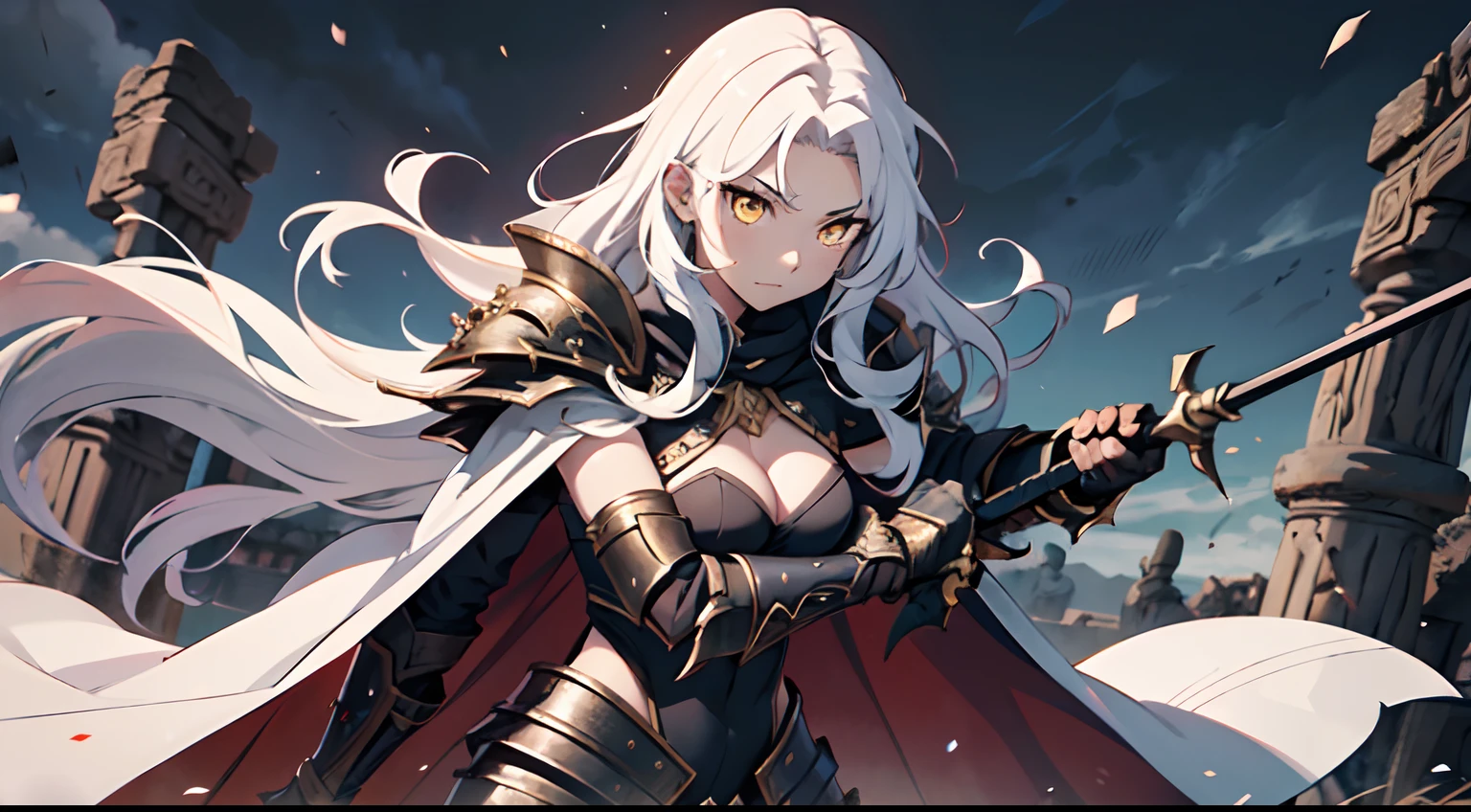 1 Girl, Xin From Kingdom Anime, Armored With Pure Black Warlord Armor With A Cape, Ultra High Definition, 8k, Handsome, Black And Yellow Pupil Eyes, Long White Hair, Ancient Kingdom Background, Extremely Detailed, Holding A Long Spear, Body To Leg Body Shot,