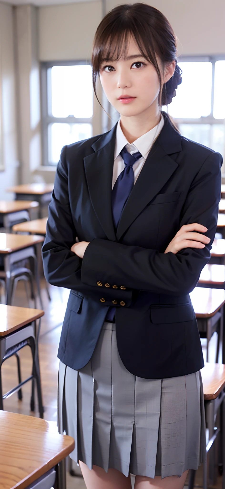 1人、独奏、Parting lips、Officelady、Business suits、sky line、school classrooms、With your arms crossed behind your head、looking at viewert、