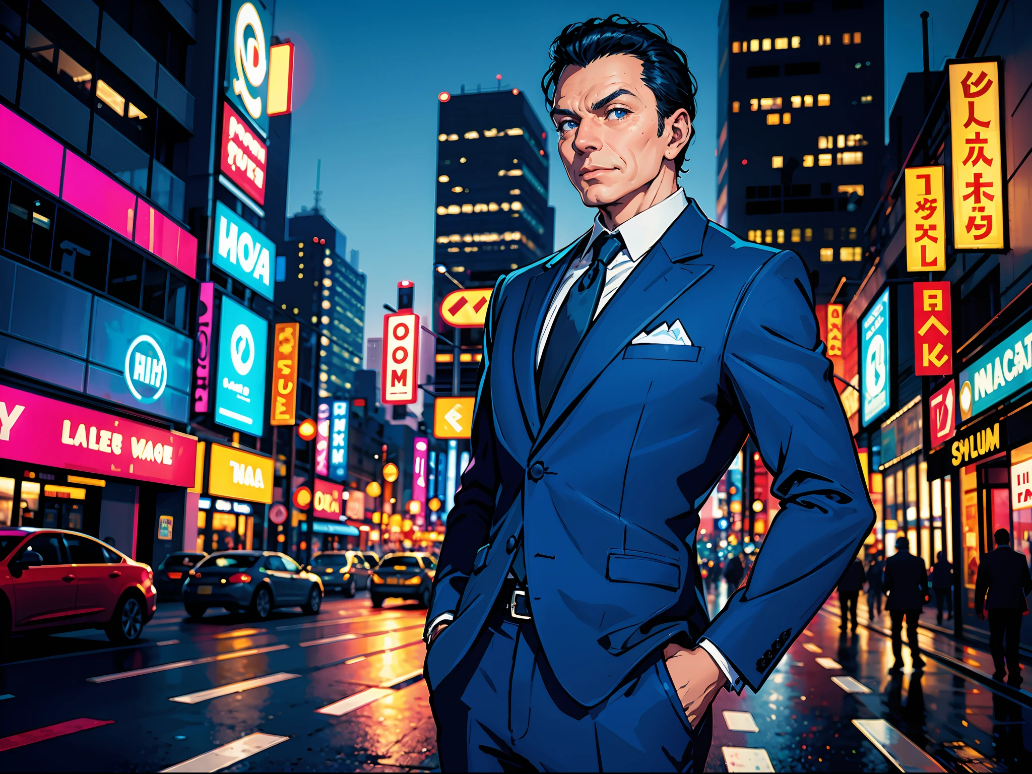 El personaje es un hombre con traje elegante, Un cantante de jazz conocido por su elegancia. He is on a busy street, with tall buildings in the background and cars passing behind. La imagen se crea para ser utilizada como perfil, con colores vibrantes y trazos fuertes. Frank Sinatra tiene ojos azules brillantes. Lleva un traje azul y un par de zapatos cafes.. His arms are crossed by his side and he has a smile on his face while the city is already in a dark night... En segundo plano, Hay una calle concurrida con edificios altos y rascacielos. Hay coches pasando y gente caminando por las calles. The stage is created to emphasize the beauty and modernity of the city. La pose de Frank sinatra es segura y elegante., Listo para enfrentar el mundo con gracia y estilo. The picture style is designed to be used as a profile, con rasgos fuertes y expresivos para enfatizar la belleza del personaje. The medium used would be digital art in cartoon style, with shading techniques and vibrant colors to create the detailed and realistic look of a man in the 50s in the city. 4k, HD, Detallado, good face.