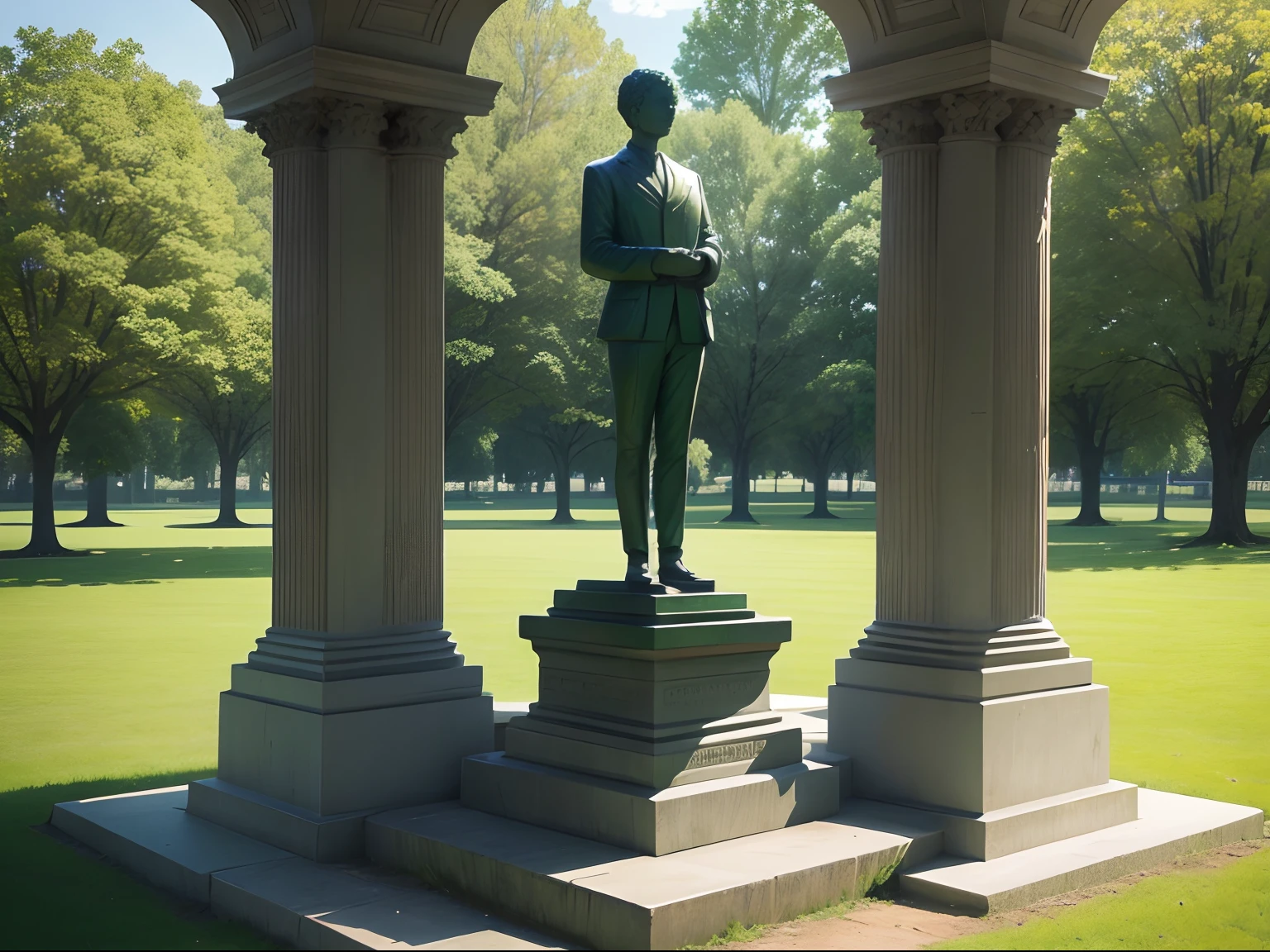 A wide, flat park green space,There are 5 sculptures in the clearing,In the back row there are sculptures in the shape of 4 columns on a unified plane,In the front row there is a figure sculpture made of stone
