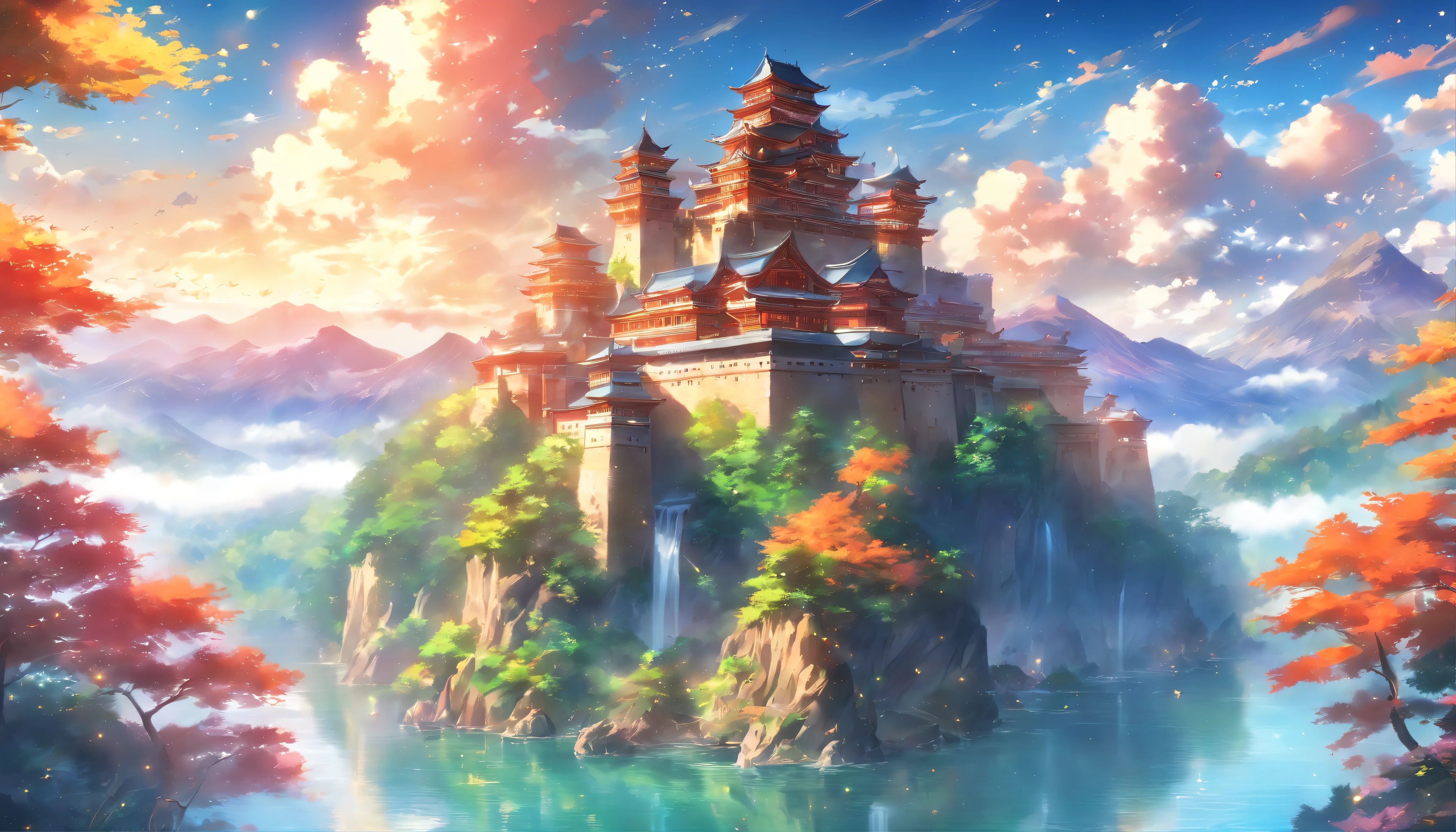 An ancient and majestic castle standing on top of a mountain, filled with countless artifacts showcasing his legendary life. Surrounded by lush forests and picturesque lakes, sunlight filters through the leaves onto the castle, creating a sense of mystery and grandeur, ,in the style of the stars art group xing xing, 32k, best quality, masterpiece, super detail, high details