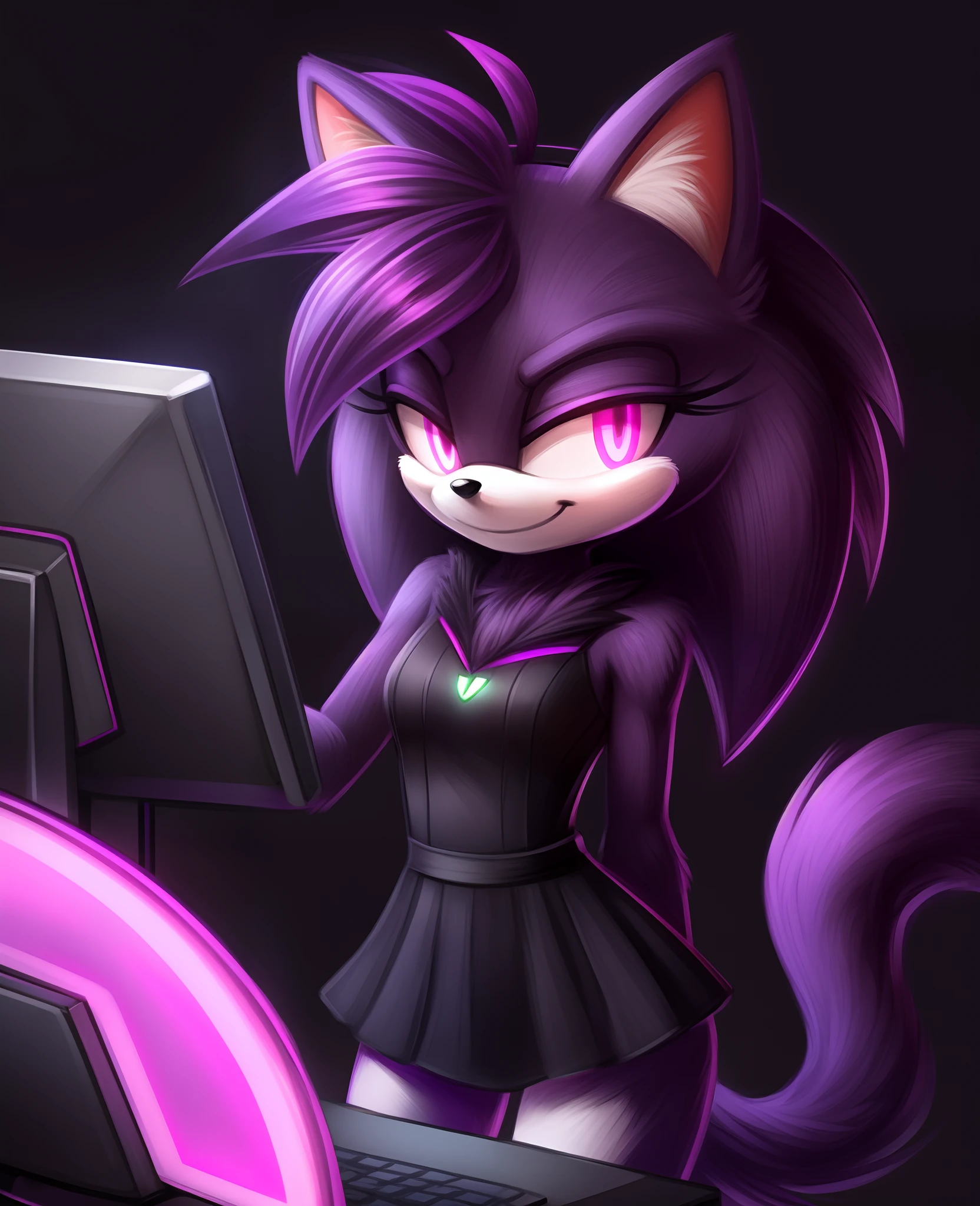 high quality digital art, red and purple and black neon lines sketch art, black cloudy background, a purple furred female anthropomorphic cat from Sonic the hedgehog who has glowing red eyes, long wispy tail, standing up and holding a computer chip, smiling evilly, wispy lines, smoky