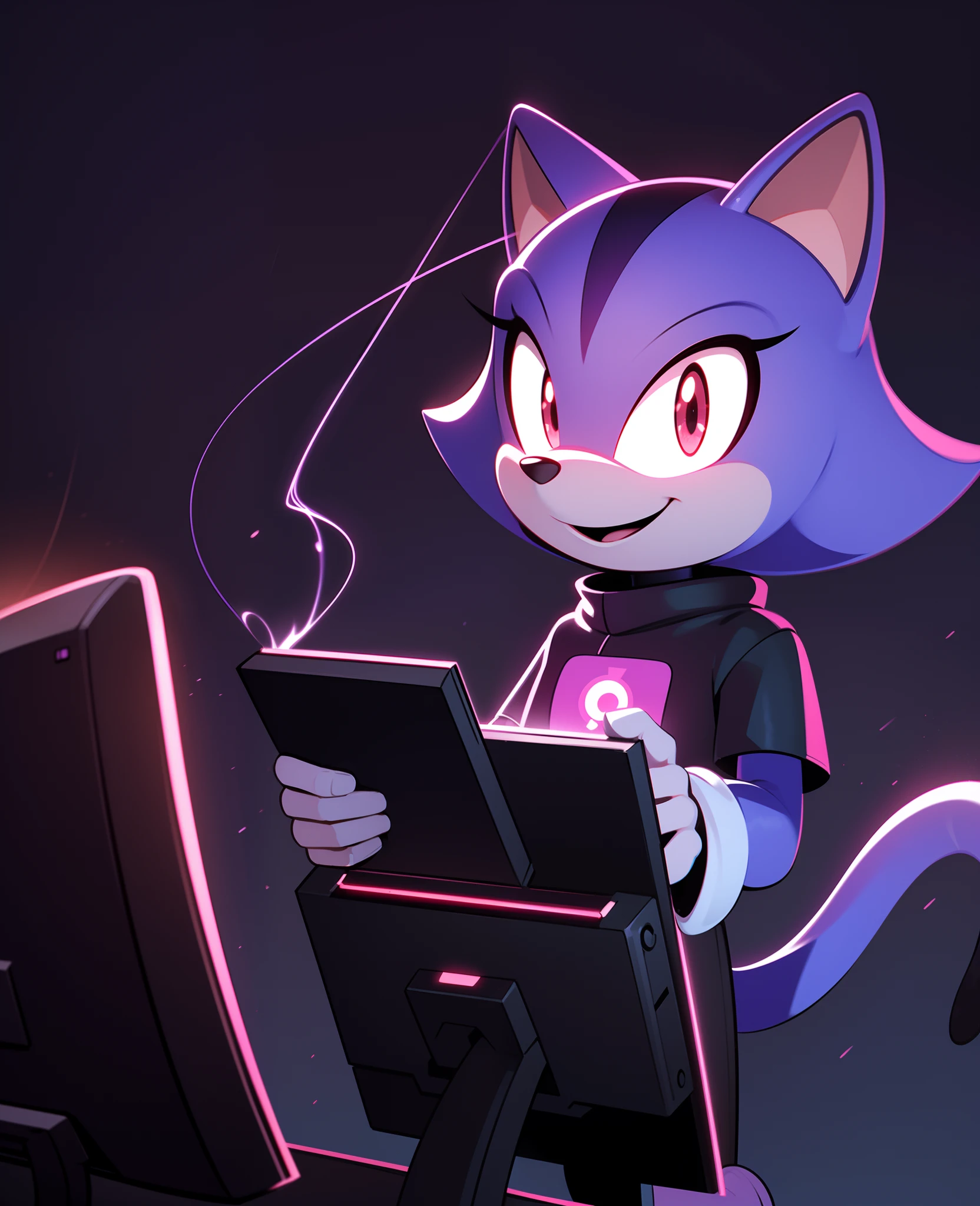 high quality digital art, red and purple and black neon lines sketch art, black cloudy background, a purple furred female anthropomorphic cat from Sonic the hedgehog who has glowing red eyes, long wispy tail, standing up and holding a computer chip, smiling evilly, wispy lines, smoky