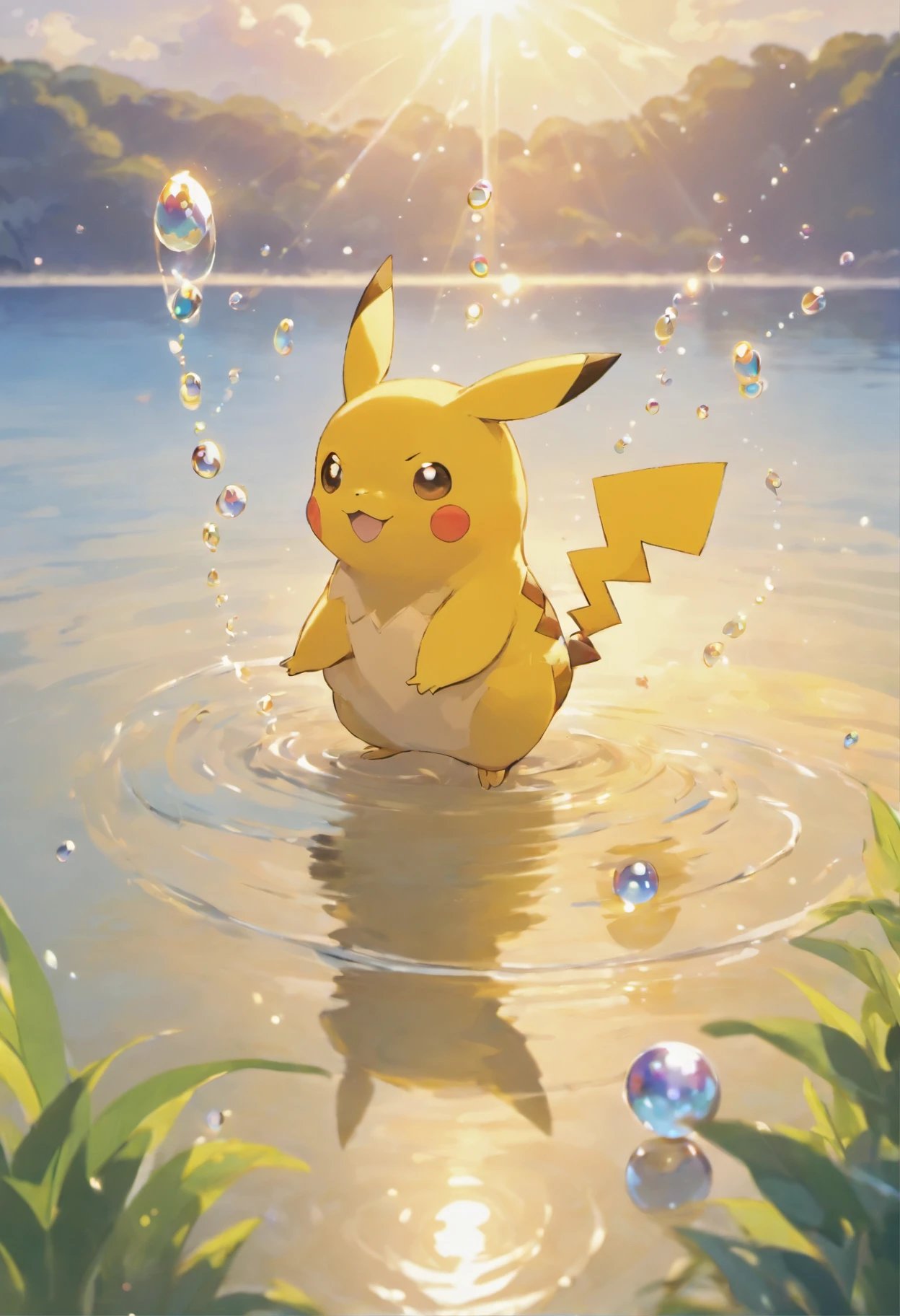 An inspiring scene in ultra-high definition 3D showing Pikachu making a wish on the shore of a tranquil lake. Pikachu, Beautifully rendered down to the smallest detail, Bubbles are seen gently blowing into the air, Each has a hopeful wish. Bubbles capture the reflection of the setting sun, Dreamy creation, magical effect. The overall atmosphere is soft, Full of hope and tranquility