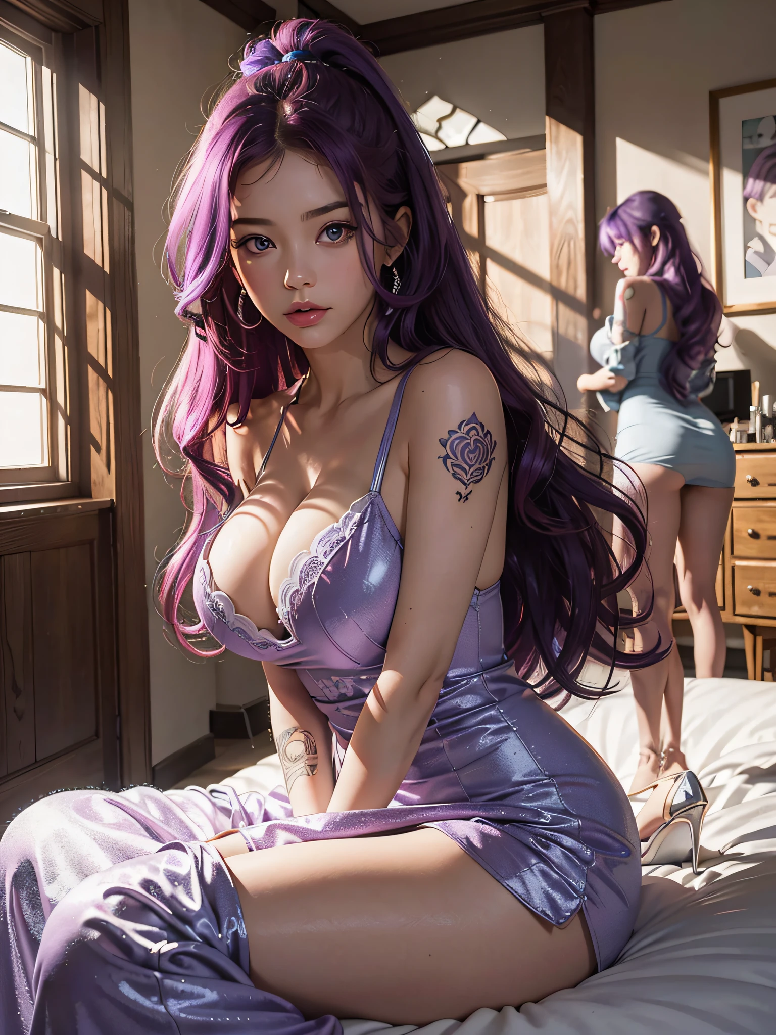 Purple And Blue Mixed hair,masterpiece, high resolution, ultradetailed, illustration, intricate,extremely detailed, (soft lighting), (soft light), (soft focus), (big round breasts), (Purple eyes), (right pupil) , (pupil left), (pretty face), looking at the viewer,vaquero photo, 1 girl, (red hair) , (purple hair), (shaded hair: 1.5), (big hair: 1.2), shoulder length hair, very long hair, very thick hair, big bust,smug,grey One piece, dress,((party dress)), under the breast, neckline, orange fur trim, in a room, bed in the background, (day), sunlight, from below,Japanese girl,thicc thigh wearing joggers,tattoo on right arm,open clothe,thigh exposure