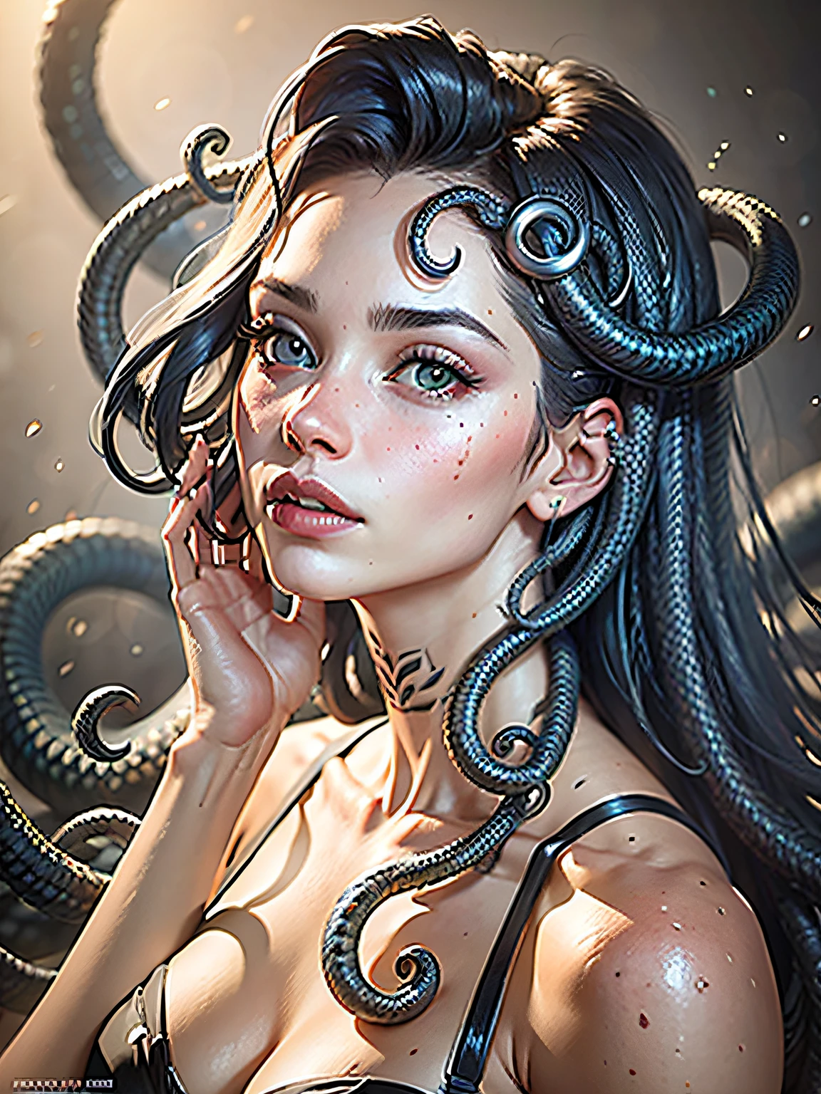 ((La mejor calidad)), ((Obra maestra)), ((realista)), Medusa, cuerpo completo, the hair is composed of countless snakes, pelo de serpiente,ojos brillantes, BREAK cabello multiColor, Rostro femenino, pecho mediano,cuerpo alto, cuerpo seductor, Tapa tallada en metal, Aura Real, tendencia en ArtStation , foco nítido, Foto de estudio, Detalles intrincados, muy detallado, ojo detallado, illustration, muy detallado, foco nítido, Renderizado digital, profesional, 4k,Detallado,realista,Arte digital 4k altamente detallado,Renderizado de octanaje, bioluminiscente, BREAK 8K resolution concept art, realismo,por Mappa studios,Obra maestra,La mejor calidad,Arte Oficial,illustration,clear line,(fresco_Color),perfect composition,absurdos, fantasy,centrado,Regla de la tercera