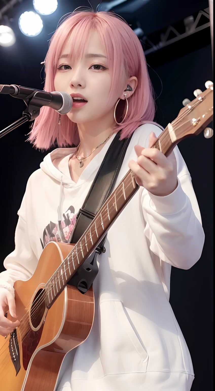 (masutepiece:1.3, Best Quality, Photorealistic, Ultra-detailed, Finely detailed, High resolution, 8K Wallpaper), 1 beautiful girl, Band Group Vocals, In a white hoodie, Singing a song on an electric guitar, Stand Microphone, Mouth open, Beautiful face, Detailed face, Beautiful eyes, Detailed eyes, Looks fun、Smiling, earrings, Necklace, Detailed guitar, (Straight guitar neck and strings), Medium length pink hair, on a stage, Spotlight, Look at the viewer、small tits
