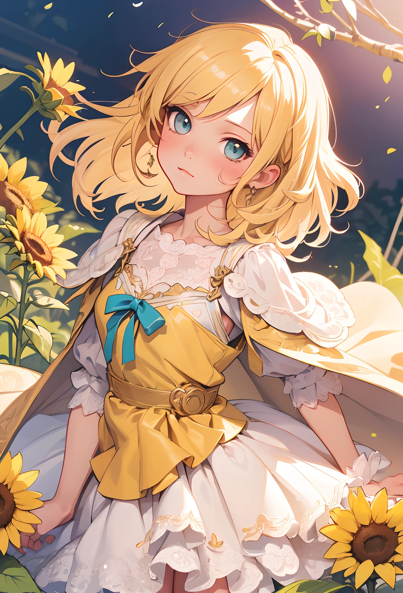 (Detailed illustrations,Very detailed and detailed drawing,Delicate lines with slow and rapid,Realistic texture expression,[[reallistic]]),[Color tressed main line],[Watercolor-style coloring],[Midsummer Park [by lake]],(anime Girl (Pretty) ) (Light yellow hair [Curly hair]) ((magical little girl)nflower] Katyusha) (long cape [tiered dress] (puff sleeves) [Lace Ruffled Ribbon] [Silk Fabric:0.8]),Transparency [Soft ambient light:0.6] gravure [Colorful],(Fine and beautiful skin expression [Transparency]),[Perfect eye details (Eyes beautifully drawn down to the smallest detail)],[long and beautiful eyelashes:0.4],[Fine hair details],(Perfect hand details),(Perfectly proportioned:1.2,Perfect Anatomy),[Ideal color coordination(Accurate simulation of light-material interactions)],(detaileds,high-detail)),([Precision Detail],HighQuality,hight resolution),[Eros in the Natural Body] [Visual art that conveys a sense of narrative] [[Full body like]].