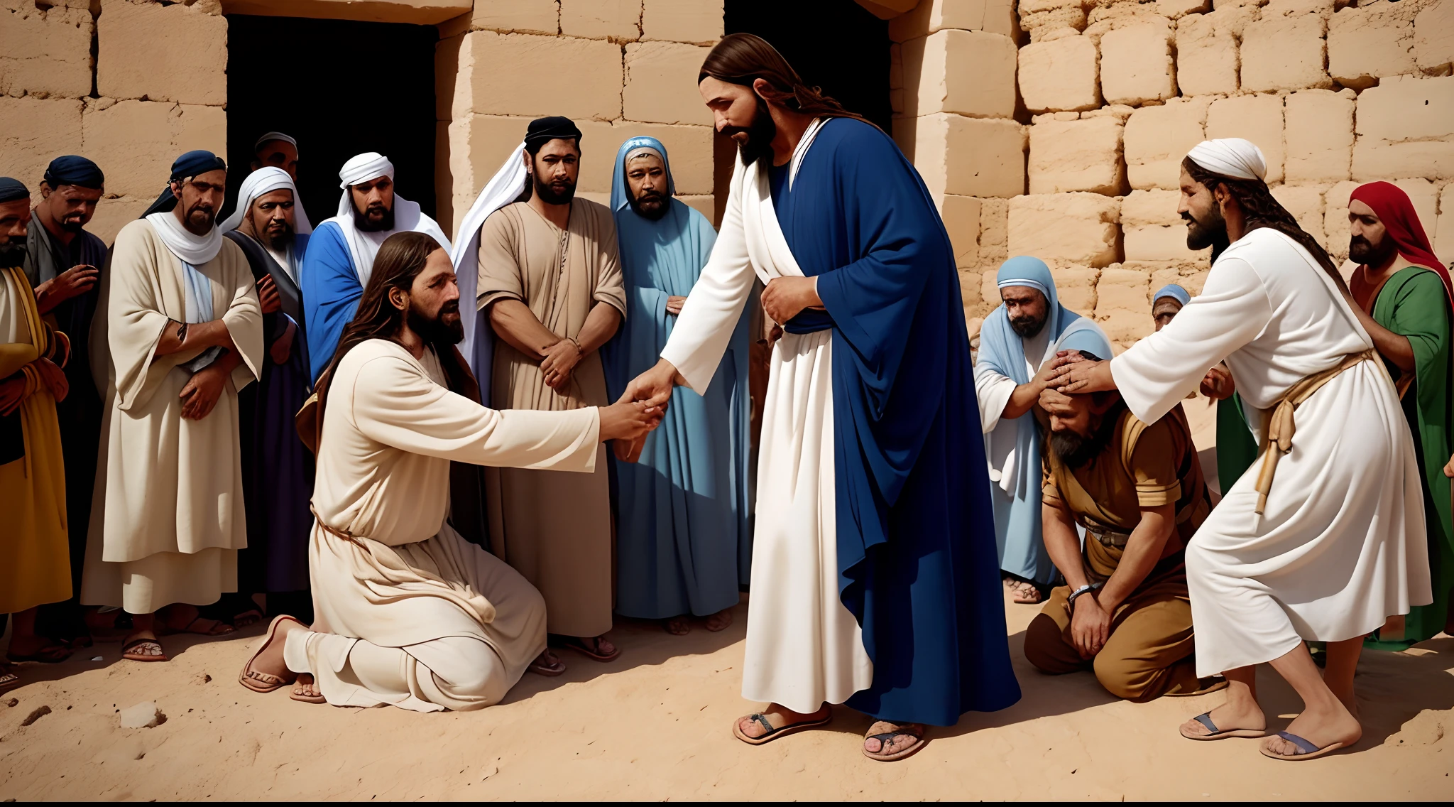 Uma imagem de Jesus, perfect face healing the blind man in the city of Jericho, as it is written in the Bible;, With a crowd at the entrance to the city of Jericho. perfect biblical image