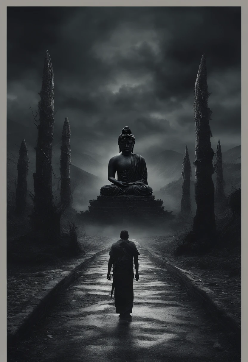 (masterpiece:1.2, best quality, official art, 8k wallpaper, highly detailed:1.1),dark style, black Buddha statue, a giant tall Buddha statue in the distance, pilgrims on the road
