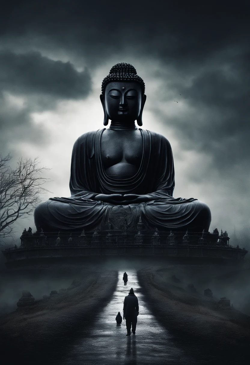 Masterpiece, Best quality, offcial art, 8K wallpaper, Very detailed, Dark style，Dark Buddha statue，A giant tall Buddha statue in the distance，Pilgrims on the road