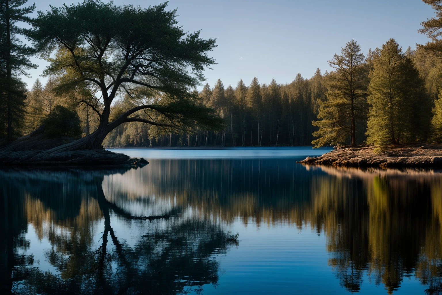 a lonely large tree on a rocky island in the middle of a big lake, the reflection of this tree in the water, water like a mirror, more water, lots of space above the top of the tree, sunlight through the branches, a mysterious magical atmosphere, blue sky, light colors