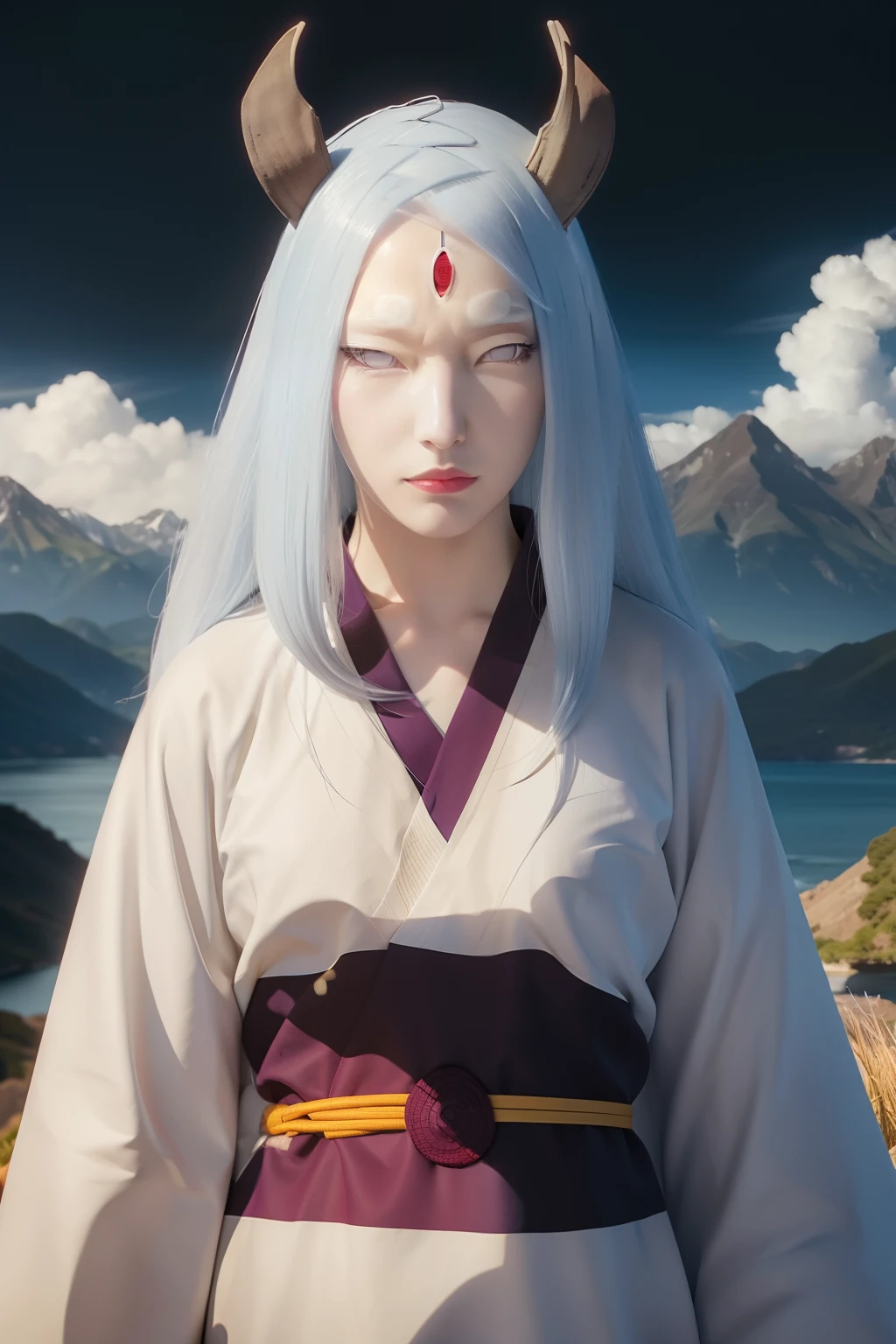 Kaguya otsutsuki. A woman standing in the hills. With a lake behind it. He appeared to be wearing a plain silver kimono. With the obi red kimono. She had silver hair. Straight up. Unraveling. No strings attached. With one pair of horns in brown. He has such pale skin. With tiny lips that were so red. He looked into the camera. So pretty and realistic