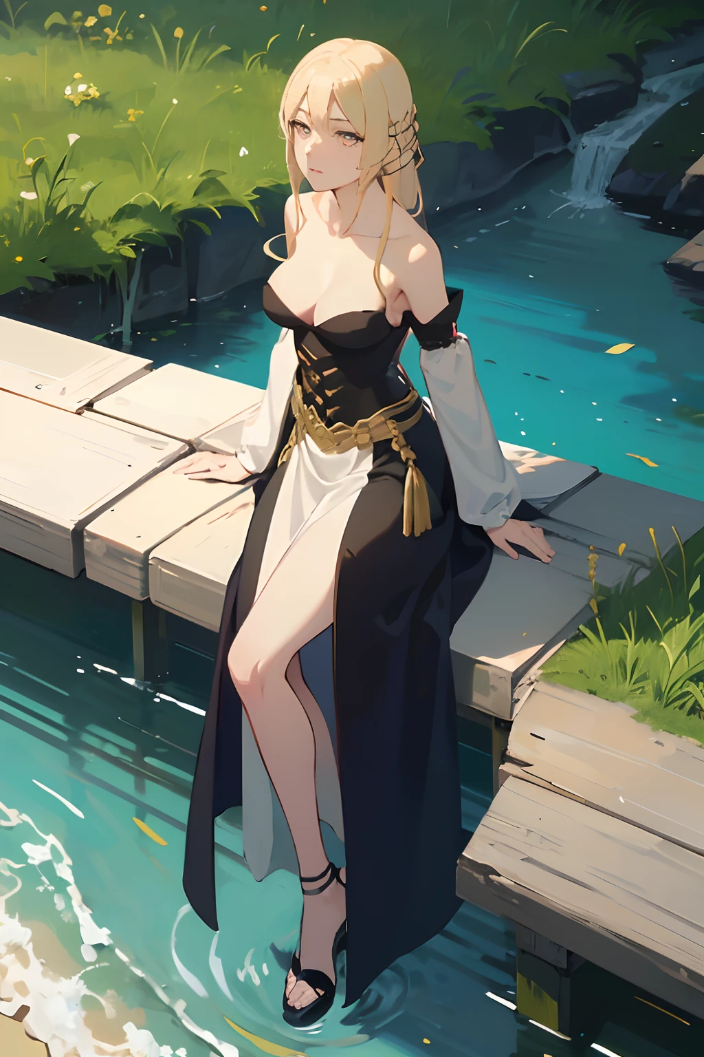 masutepiece, Best Quality, High resolution, 1girl, Full body, detail girl, detail hands, detail fingers, detail face, detail leg, overdetailed art, fine details,blonde hair,blue sky,girl glares sun,bottom side