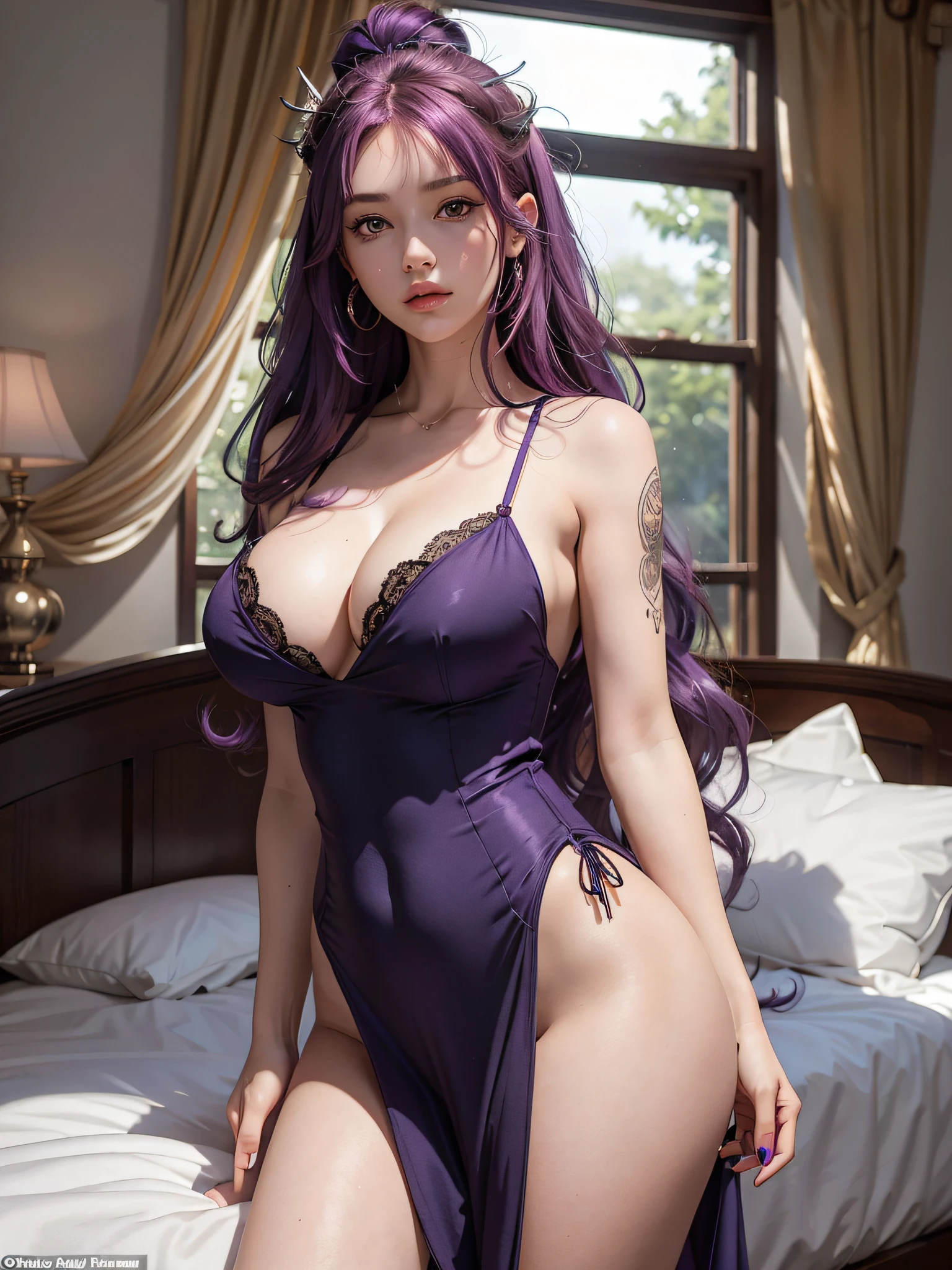 Purple And Blue Mixed hair,masterpiece, high resolution, ultradetailed, illustration, intricate,extremely detailed, (soft lighting), (soft light), (soft focus), (big round breasts), (Purple eyes), (right pupil) , (pupil left), (pretty face), looking at the viewer,vaquero photo, 1 girl, (red hair) , (purple hair), (shaded hair: 1.5), (big hair: 1.2), shoulder length hair, very long hair, very thick hair, big bust,smug,grey One piece, dress,((party dress)), under the breast, neckline, orange fur trim, in a room, bed in the background, (day), sunlight, from below,Japanese girl,thicc thigh wearing joggers,tattoo on right arm,open clothe,thigh exposure