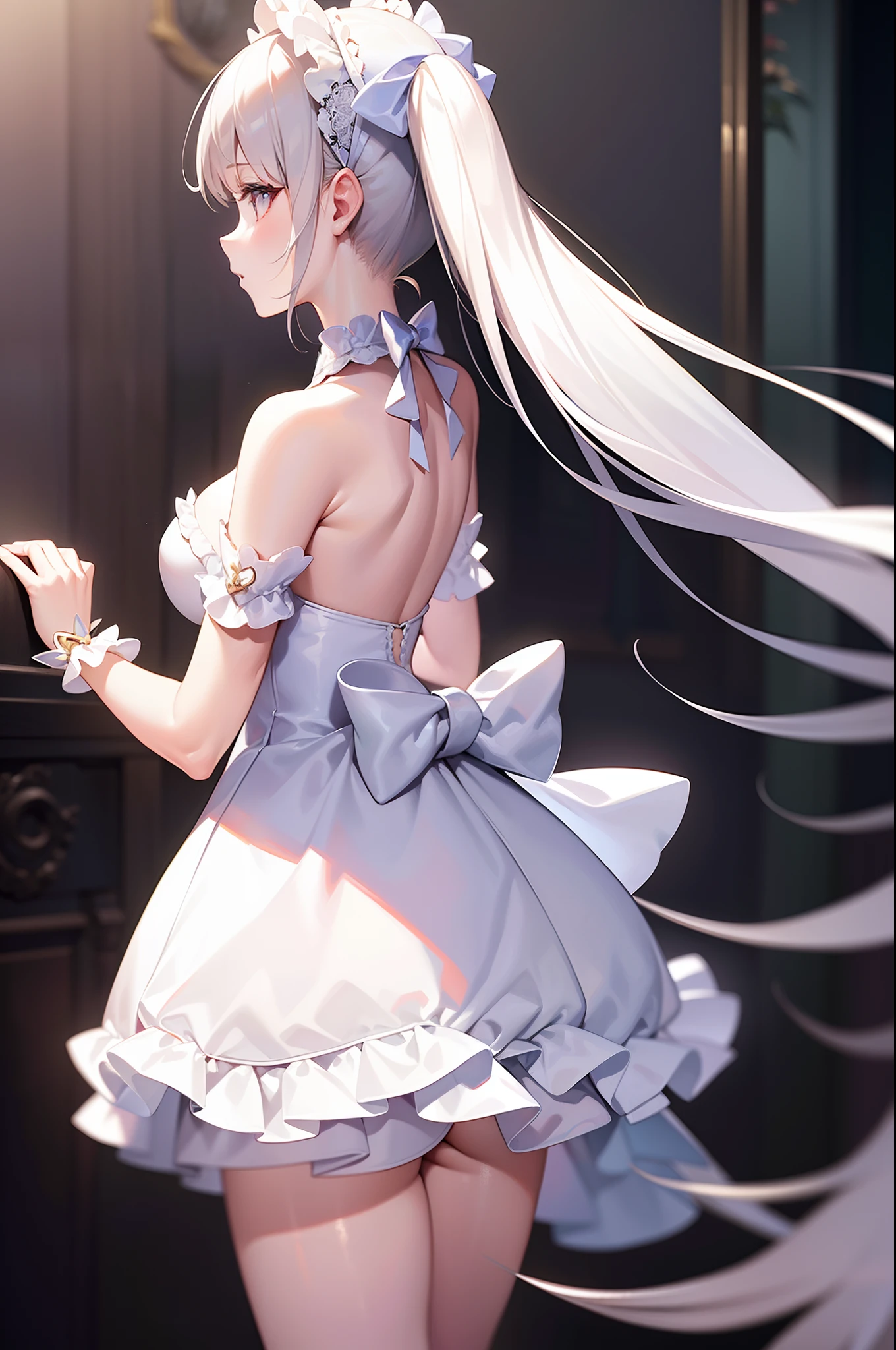 (Masterpiece:1.2), Best quality, A high resolution, Original, (Extremely detailed:1.2), Ultra-detailed, the wallpaper, Perfect lighting,(Extremely detailed CG:1.2), 8K, 1girl, Solo, double tails, (White ta stylish:1.2), The dress has a large bow on the back, shiny dress, Close-up, Back view, anime