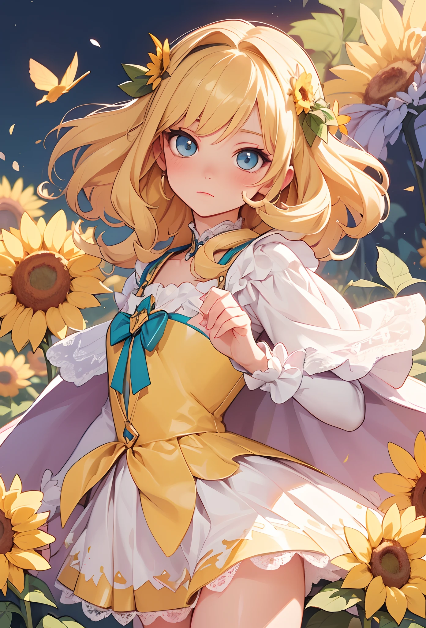 (Detailed illustrations,Very detailed and detailed drawing,Delicate lines with slow and rapid,Realistic texture expression,[[reallistic]]),[Color tressed main line],[Watercolor-style coloring],[Midsummer Park [by lake]],(anime Girl (Pretty) ) (Light yellow hair [Curly hair]) ((magical little girl)nflower] Katyusha) (long cape [tiered dress] (puff sleeves) [Lace Ruffled Ribbon] [Silk Fabric:0.8]),Transparency [Soft ambient light:0.6] gravure [Colorful],(Fine and beautiful skin expression [Transparency]),[Perfect eye details (Eyes beautifully drawn down to the smallest detail)],[long and beautiful eyelashes:0.4],[Fine hair details],(Perfect hand details),(Perfectly proportioned:1.2,Perfect Anatomy),[Ideal color coordination(Accurate simulation of light-material interactions)],(detaileds,high-detail)),([Precision Detail],HighQuality,hight resolution),[Eros in the Natural Body] [Visual art that conveys a sense of narrative] [[Full body like]].