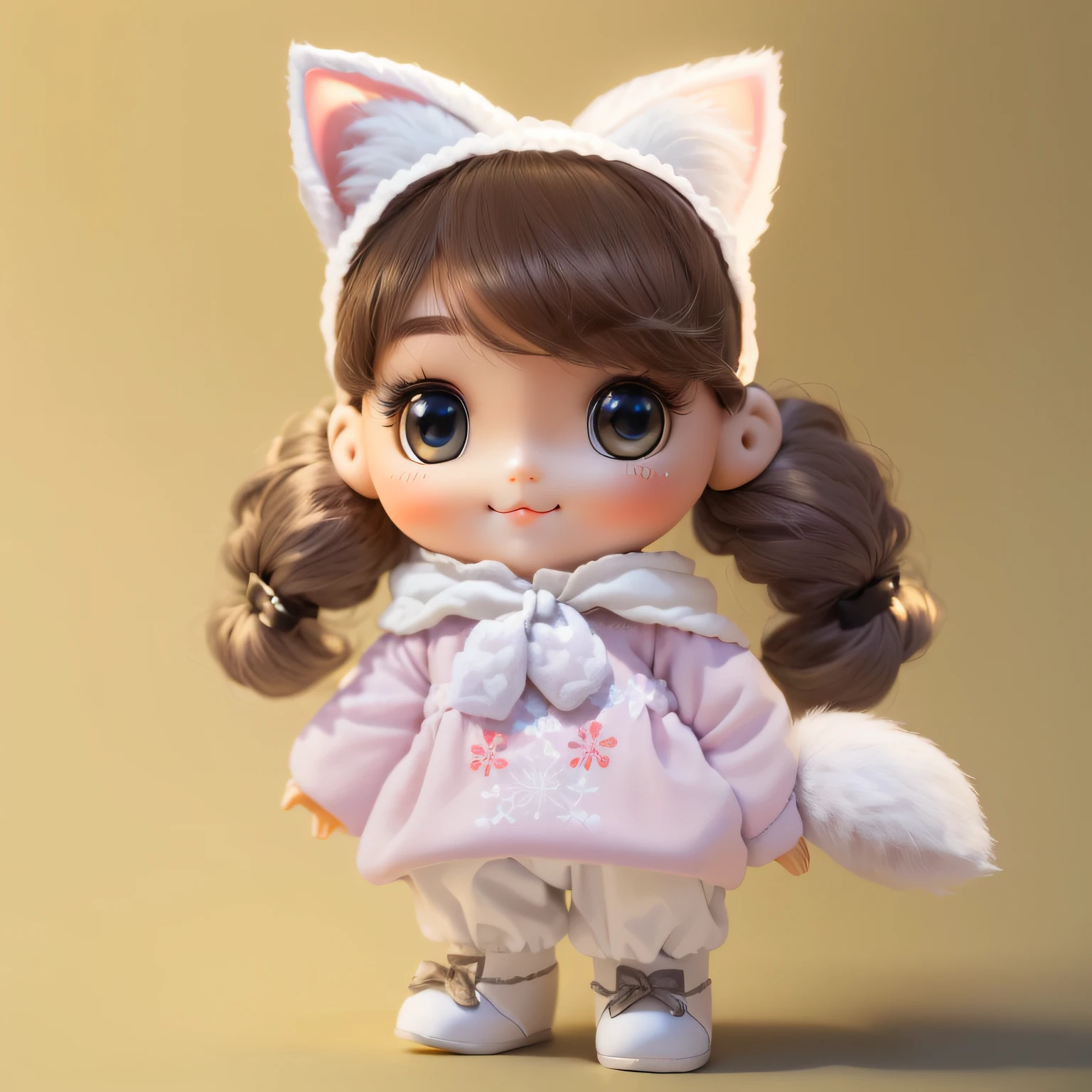 (best quality, highres:1.2), adorable winter doll, short hair, 2:1 head-to-body ratio, gray-white gradient hair, ta style, wearing doll cat ears on the head, fluffy large cat tail, sweet smiling expression, realistic human skin texture, detailed clothing fabric, realistic hair,brown eyes, lifelike hair strands, medium shot composition