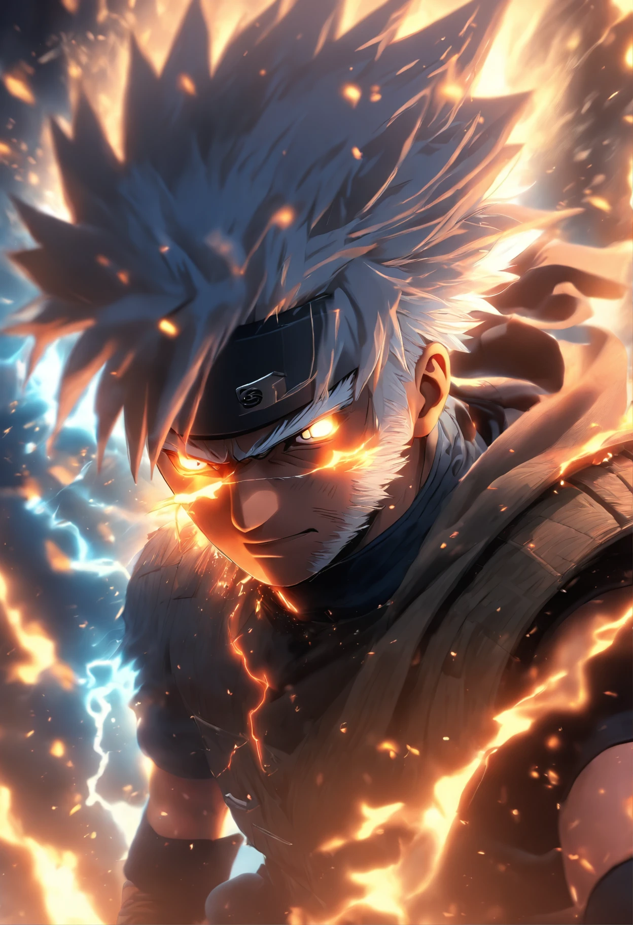 Kakashi Hatake, (in a Firestorm with lighting thunder vfx around), masterpiece, best quality, ultra quality, absurd details, best light, best shadow, sharp, sharp picture, detailed face, detailed eyes, detailed hair, detailed, extremely detailed, great resolution, 8k, 4k, uhd, ray tracing, beautiful effects, image of (full body)