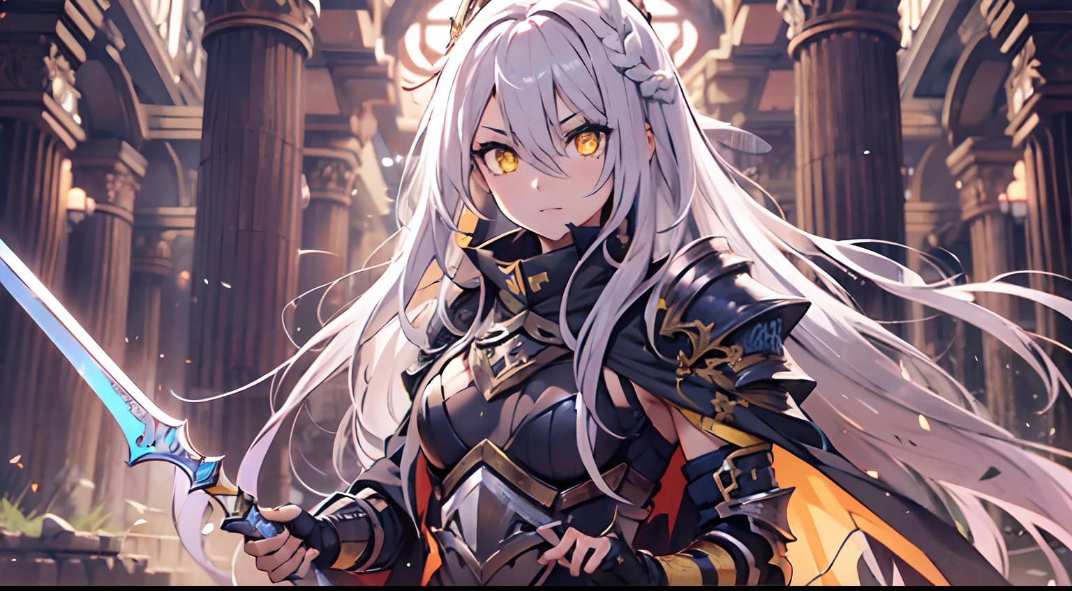 1 Girl, Xin From Kingdom Anime, Armored With Pure Black Warlord Armor With A Cape, Ultra High Definition, 8k, Handsome, Black And Yellow Pupil Eyes, Long White Hair, Ancient Kingdom Background, Extremely Detailed, Holding A Long Spear, Body To Leg Body Shot,