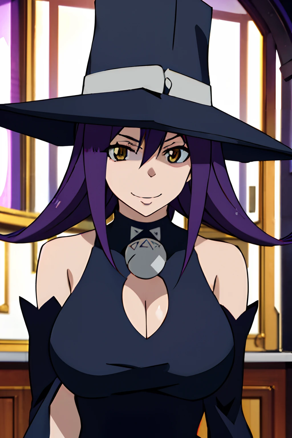 BlairSE,Blair, blair's hat, black dress detached sleeves, close up, upper body, ,masterpiece, best quality, anime screenshot,masterpiece, best quality, good eyes, good hands, smile, huge breasts, seductive look