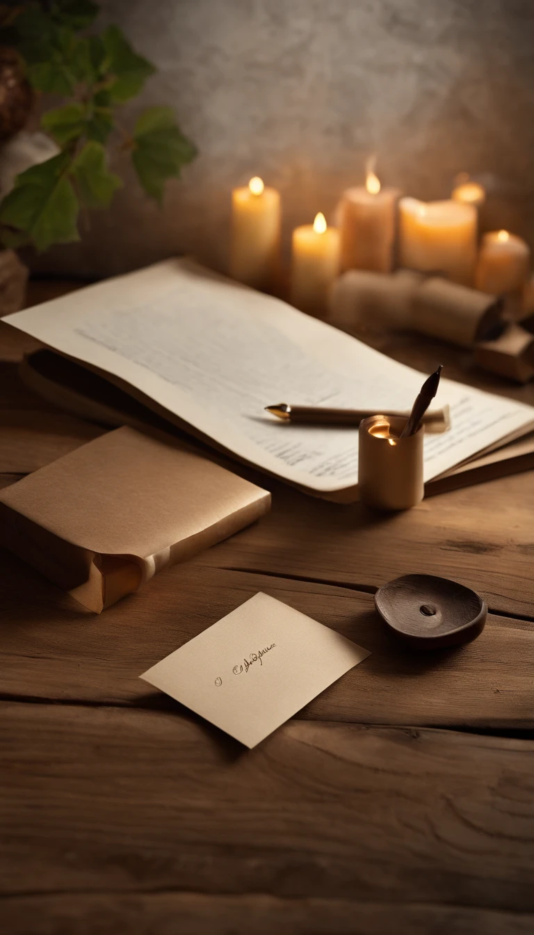 On a log wood floor in the interior,There is a piece of stationery,Next to the letter were a pen and several scattered photographs,The angle is top-down,You can see the contents of the letter and the photo information,The picture is soft,The overall ambient light has a warm cast