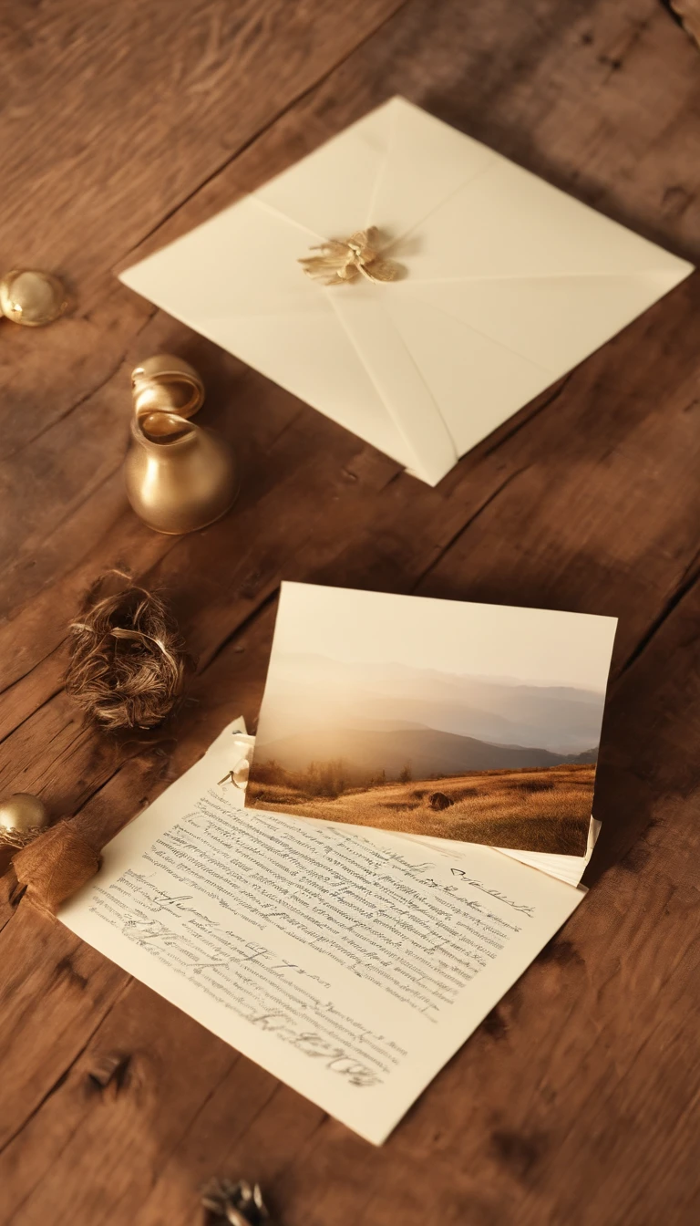 On a log wood floor in the interior，There is a piece of stationery，Next to the letter were a pen and several scattered photographs，The angle is top-down，You can see the contents of the letter and the photo information，The picture is soft，The overall ambient light has a warm cast