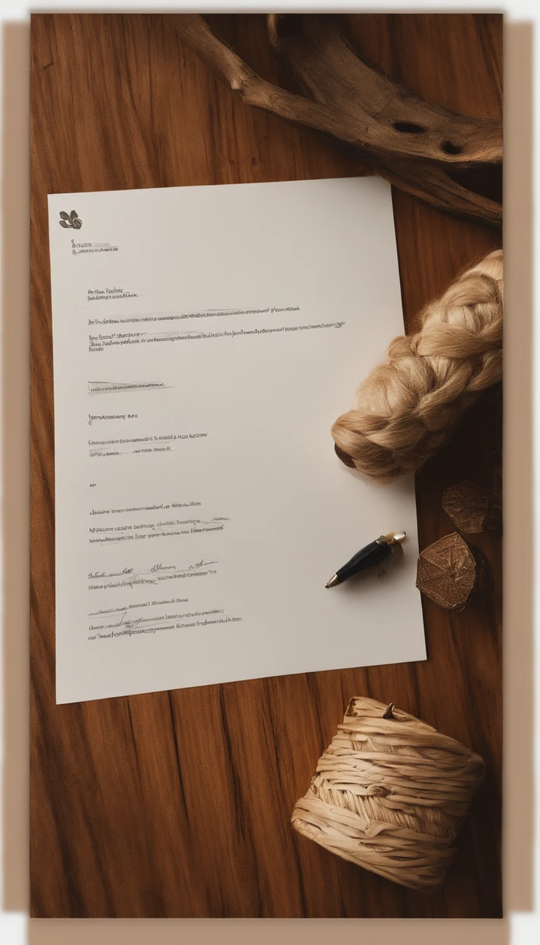 On a log wood floor in the interior，There is a piece of stationery，Next to the letter were a pen and several scattered photographs，The angle is top-down，You can see the contents of the letter and the photo information，The picture is soft，The overall ambient light has a warm cast