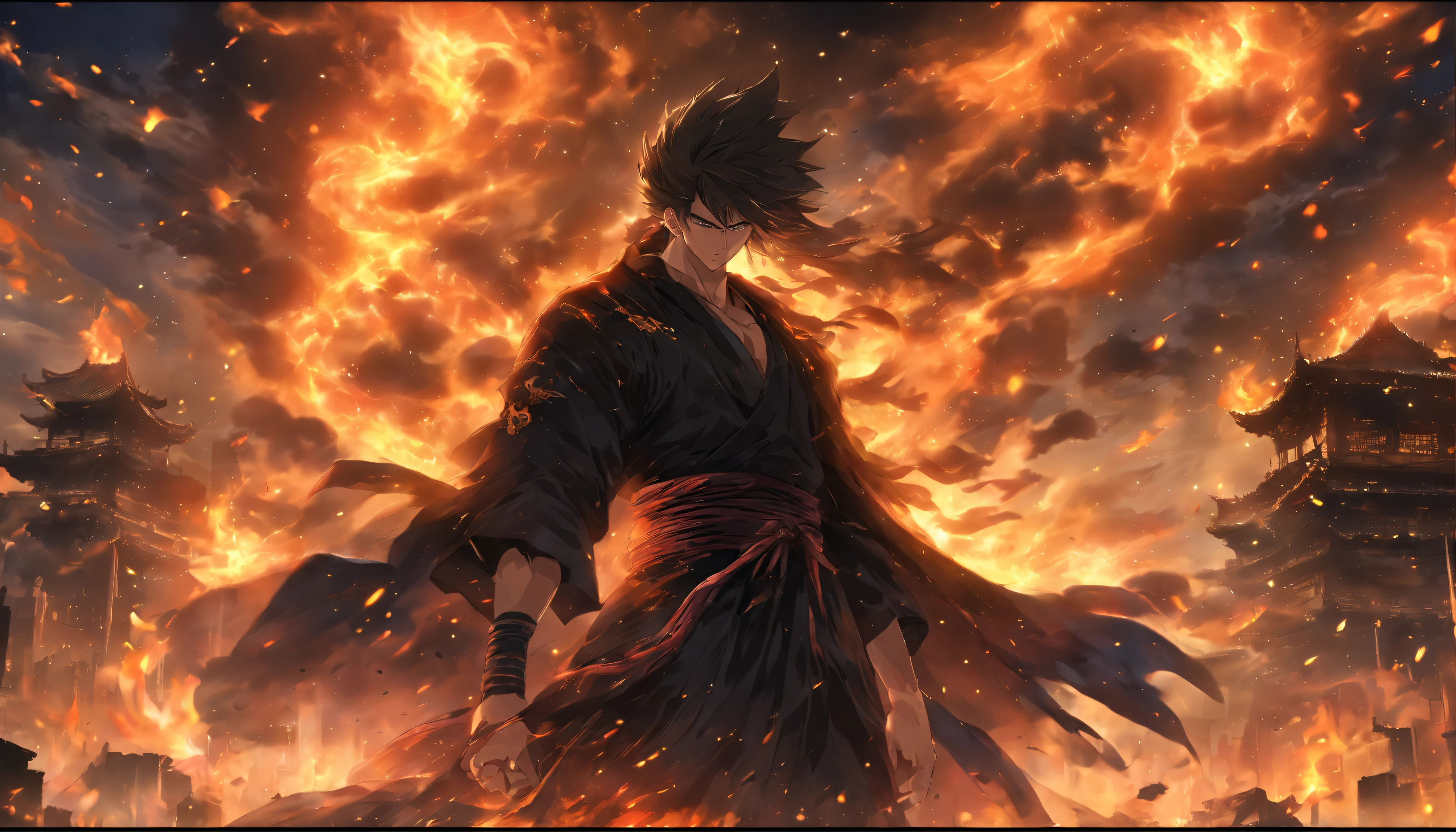 A man in a black robe, holding a sharp sword, standing in a desolate ruin, surrounded by broken buildings and burning flames, with a dark and stormy sky above, his cold and majestic gaze exuding an unbeatable power, ,in the style of the stars art group xing xing, 32k, best quality, masterpiece, super detail, high details