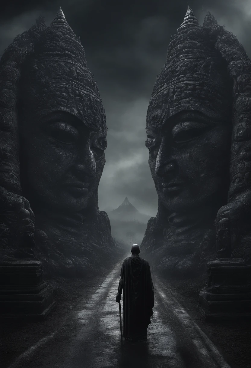 (Masterpiece:1.2, Best quality, offcial art, 8K wallpaper, Highly detailed:1.1),Dark style, Black Buddha statue, A huge tall Buddha statue in the distance, Pilgrims on the road