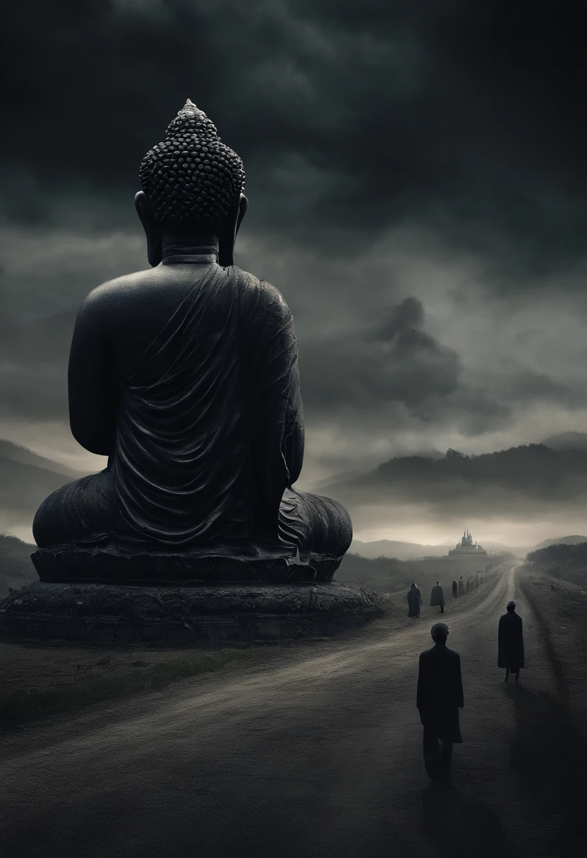 (Masterpiece:1.2, Best quality, offcial art, 8K wallpaper, Highly detailed:1.1),Dark style, Black Buddha statue, A huge tall Buddha statue in the distance, Pilgrims on the road