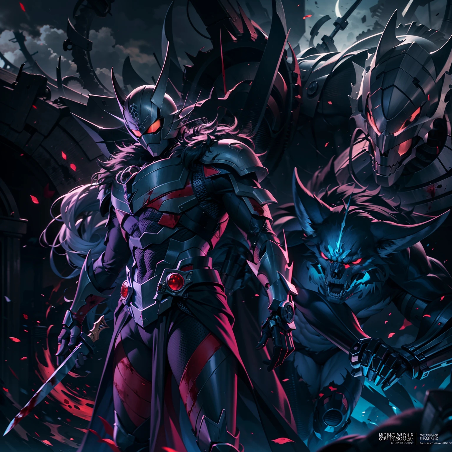 (Highest quality 8k wallpapers),(Be covered in blood),The strongest Kamen Rider,The king who rules over the devil,blue color eyes,(Noble fur coat),Pubic hair shows through(Mechanical skeleton:1.2),sense of strength,Mechanical details:1.2,Carry a long knife,antagonism,Domineering,The dark world,Dark series