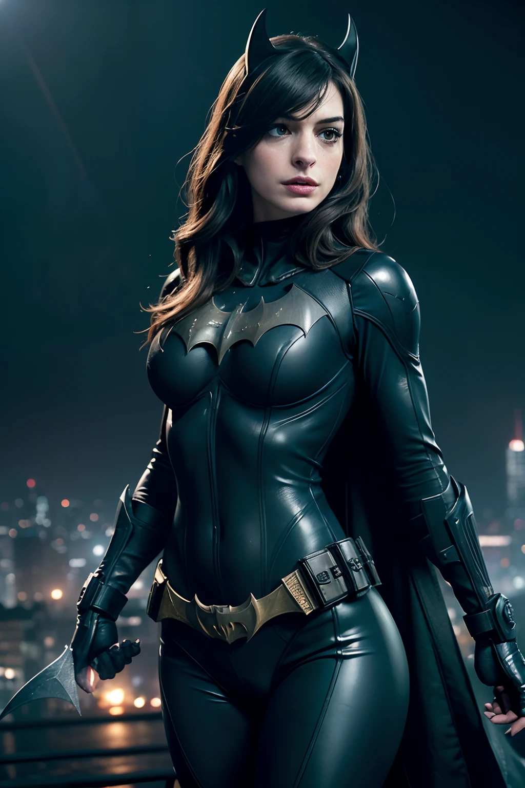 ((Anne Hathaway as Batgirl holding a Batarang)), wearing cyberpunk Batgirl armor with cape, (dynamic pose), red hair, athletic build, tight costume, very beautiful, ((sexy, small natural breast, cleavage, nippin, camel toe)),  (highly detailed skin: 1.2), serious face, beautiful face, highly detailed skin, skin pores, (highly detailed face:1.1), (highly detailed eyes:1.1), realistic pupils, full face blush, full lips, (perfect anatomy:1.1), (perfect proportions:1.1), (photography:1.1), (photorealistic:1.1), volumetric lighting, dynamic lighting, real shadows, (highres:1.1), sharp focus, (realistic, hyperrealistic:1.4), intricate, high detail, dramatic, subsurface scattering, vivid, polished, sharpened, 35mm, 8k, (((Night photography, Gotham city background)