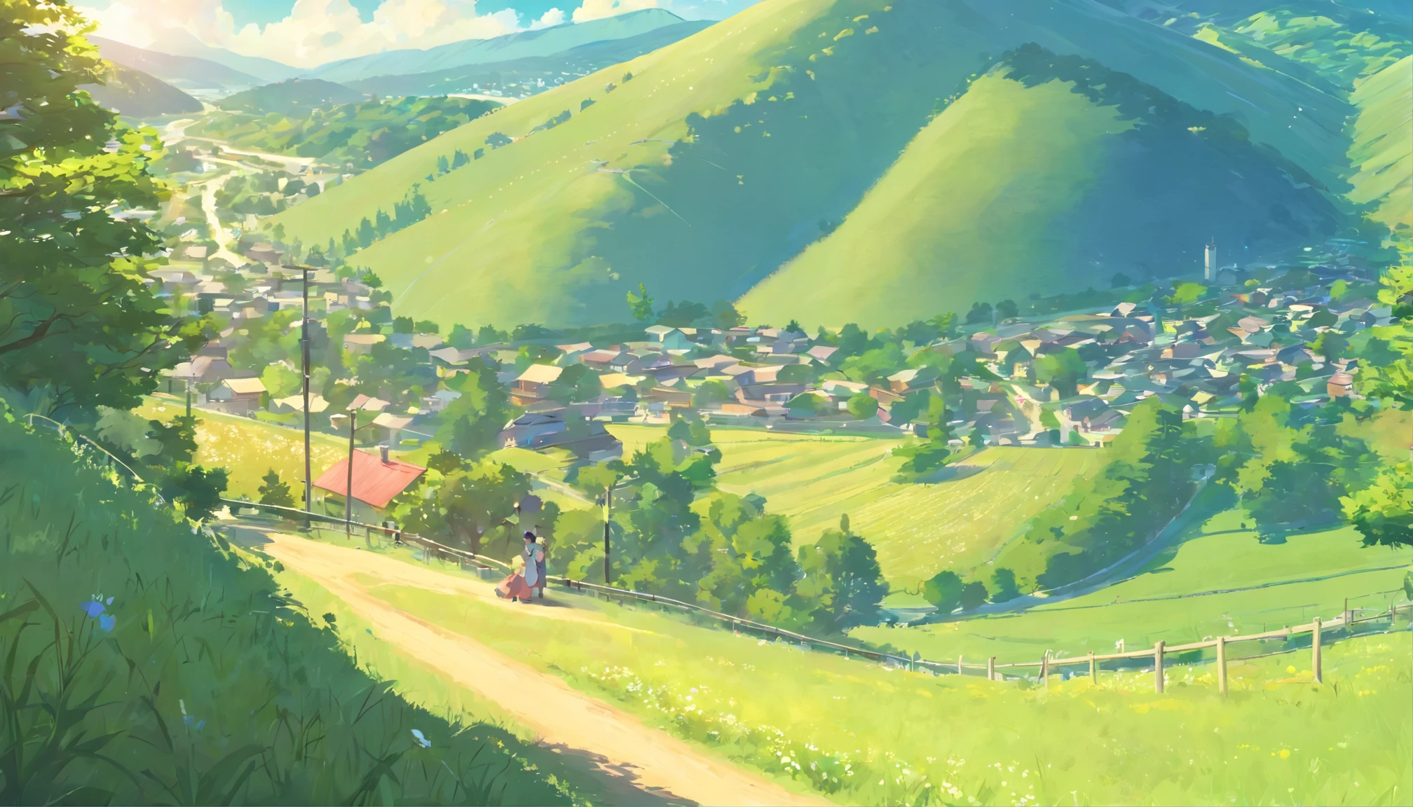 Show a picturesque countryside with rolling hills and a quaint small town at its center. Establish the tranquil setting.