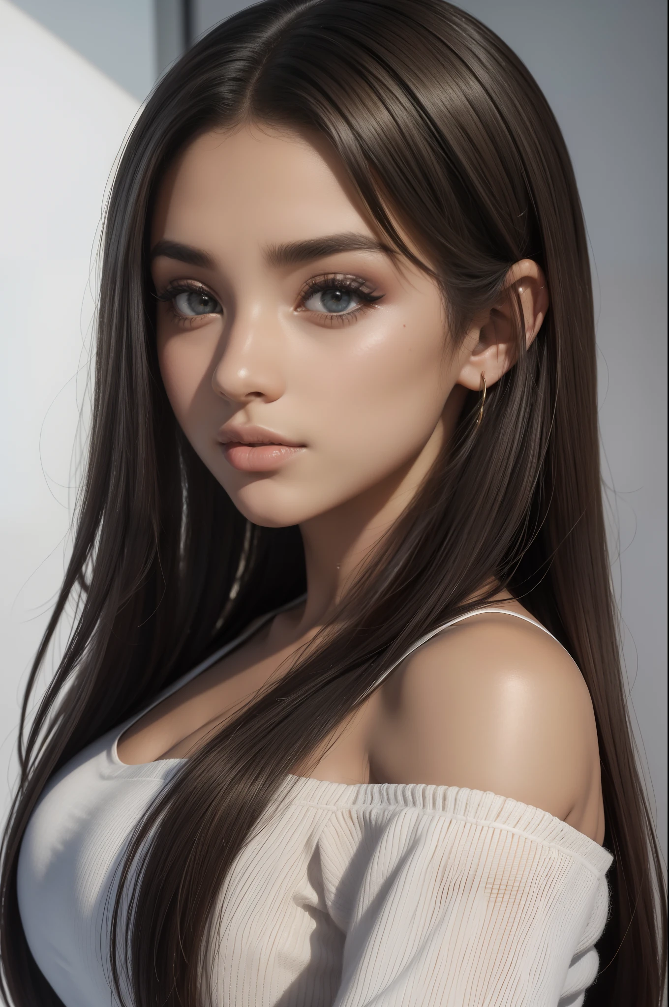(obra-prima, side-lighting, lindos olhos finamente detalhados: 1.2),1girl, seios, estilo modelshoot, peitoral, professional majestic oil painting, trending in the artstation, trend at CGSociety, Intrincado, Alto Detalhe, foco nítido, dramatic, woman, hair brown , hair long, teen , olhos detalhados, detalhes intrincados, stern expression, sombras escuras, sombras detalhadas , teen_female, bom olho, dark, pupilas brown , roupas,