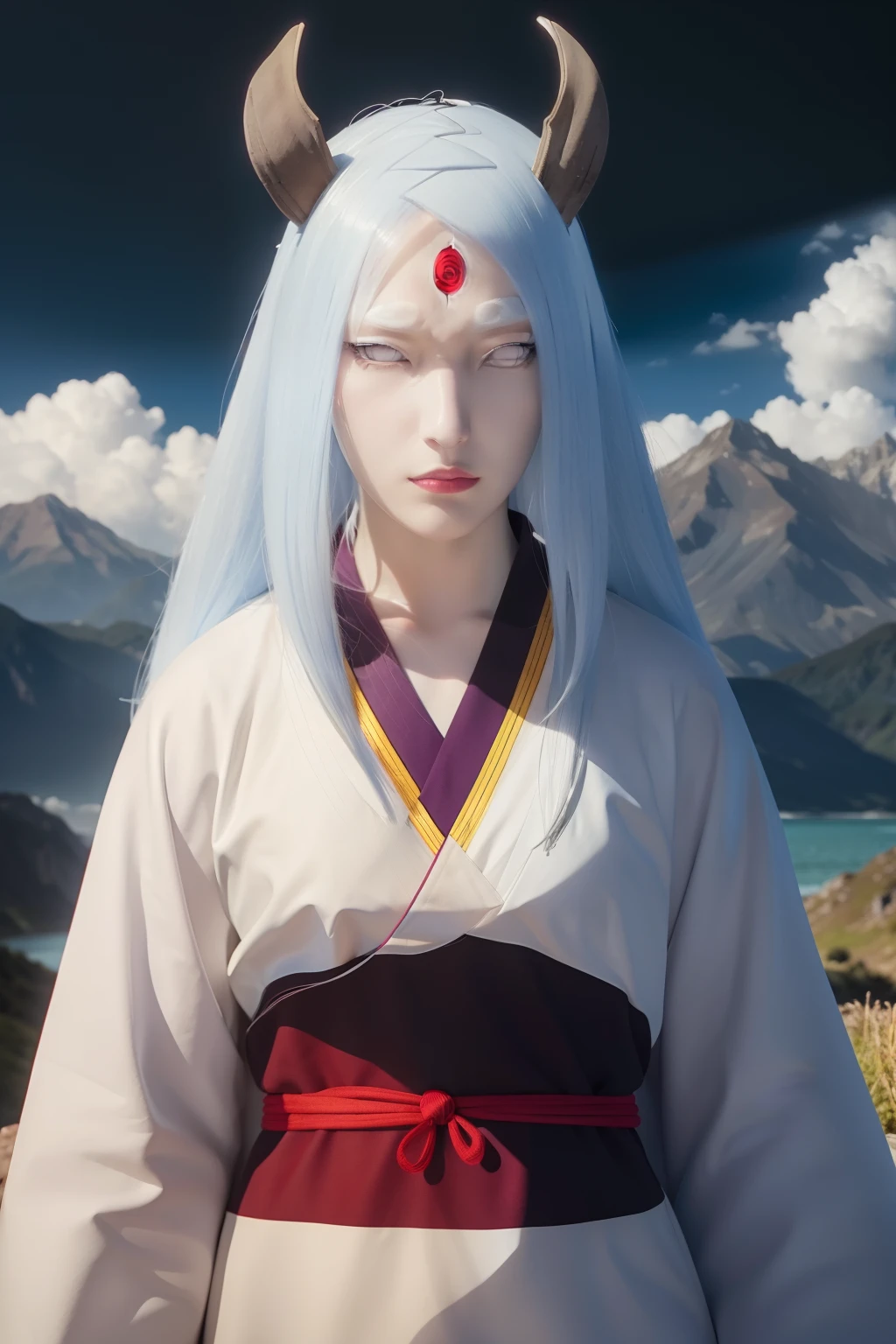 Kaguya otsutsuki. A woman standing in the hills. With a lake behind it. He appeared to be wearing a plain silver kimono. Straight up. With the obi red kimono. She had silver hair. Straight up. Unraveling. No strings attached. With one pair of horns in brown. He has such pale skin. With tiny lips that were so red. He looked into the camera. So pretty and realistic