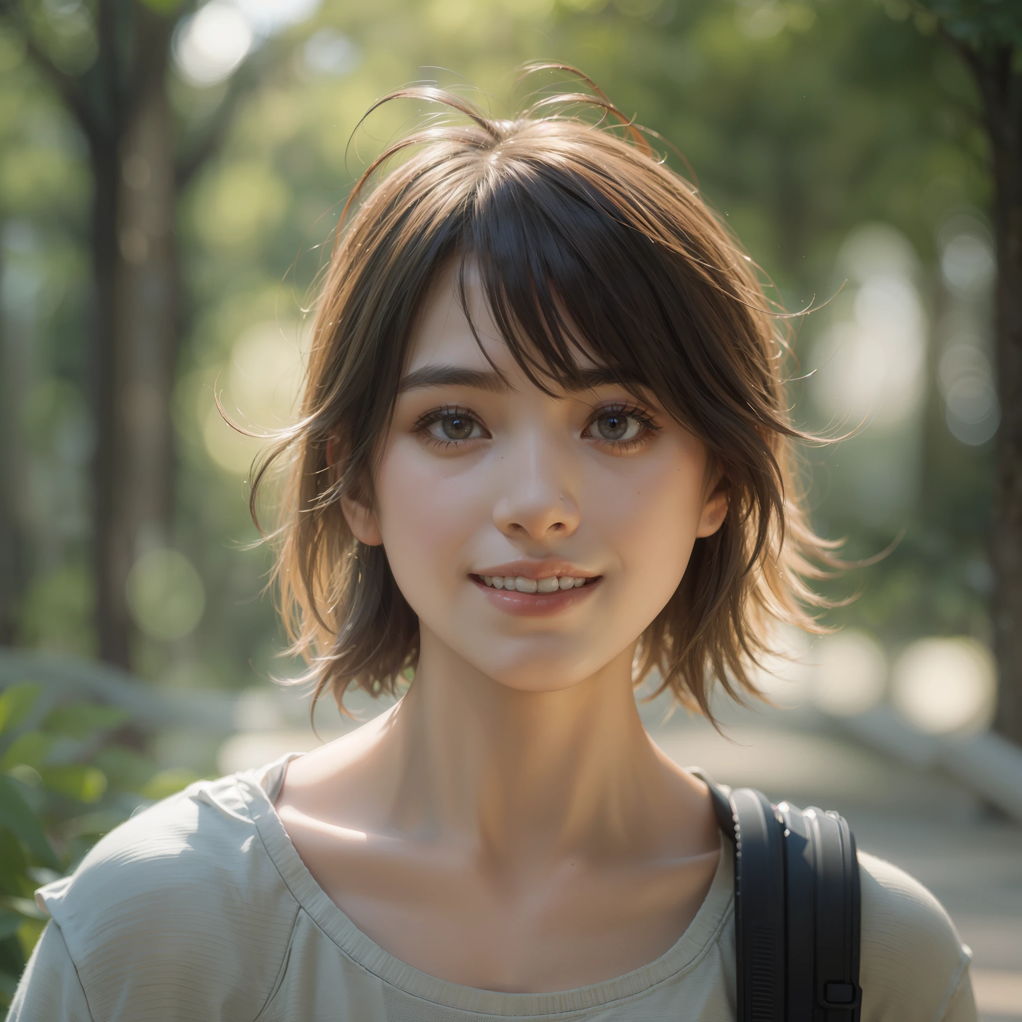 Photorealistic: 1.5, Running Wear、running in the park、Cheerful smile、japanes, drooping eyes: 1.3, Perfect proportions, Portrait, ((Nikon Student) (Photo)) (8K, FujifilmXT3, masutepiece, ((Real Skin)) (No retouching, Lip gloss, False eyelashes, Real Skin, Highest Quality, Ultra-high resolution, depth of fields, chromatic abberation, Caustics) , Wide Lighting, Natural Shading))