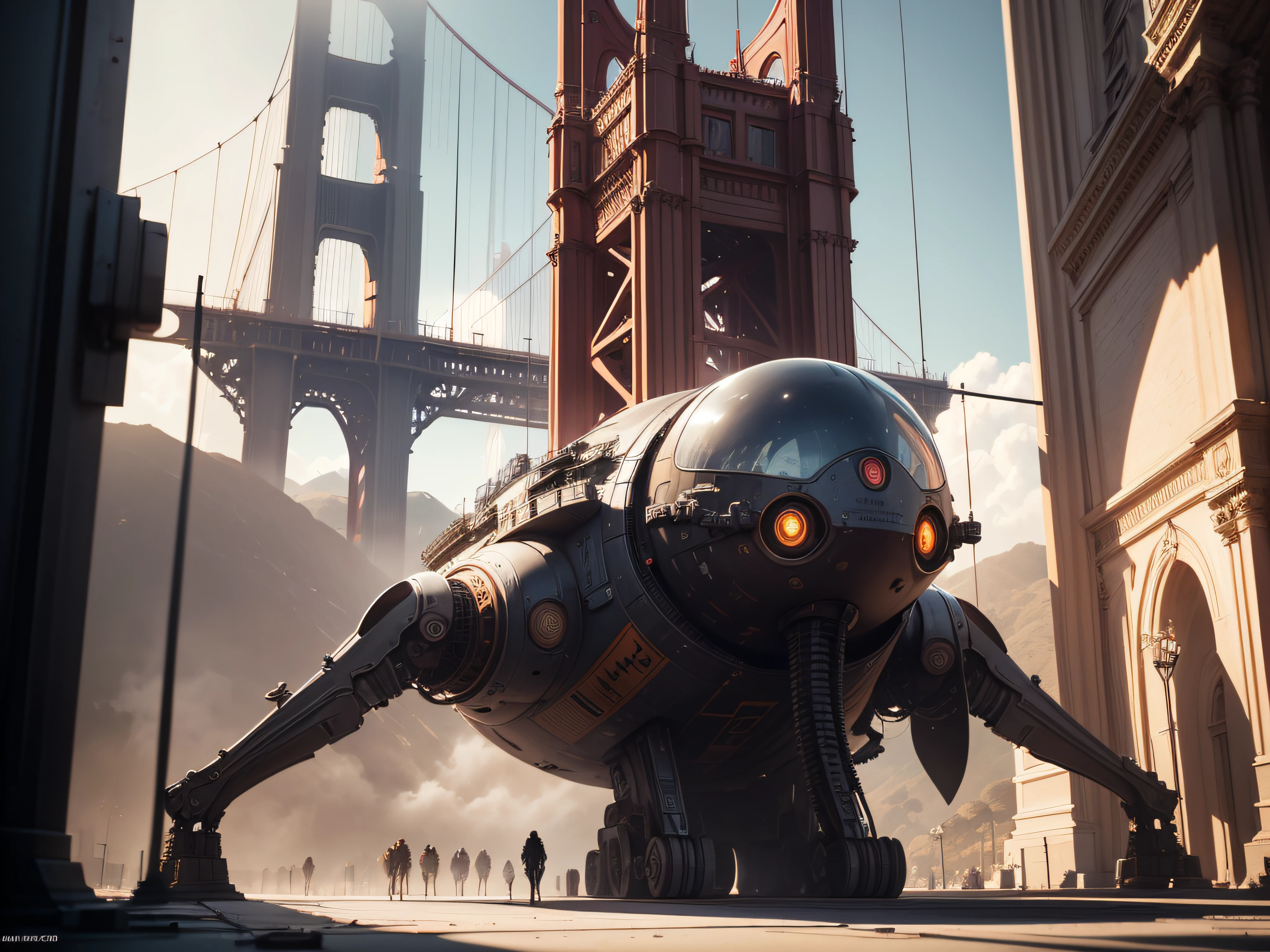 A space ship landing in San Francisco California Large UFO aliens coming out typical grays with big black eyes smal nose, ready for contact of the first type, the golden gate bridge in the background 3 d render character art 8 k, octane trending on cgsociety, cyberpunk art ultrarealistic 8k, octane cgsociety, made in unreal engine 5, (best quality,ultra - detailed, Illustration,Best shadow,masterpiece,A high resolution,professional artwork,famous artwork
