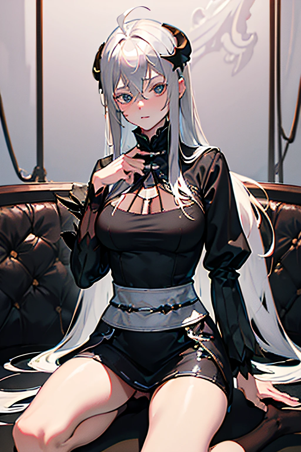 ((masterpiece, best quality)), (1girl), (solo), (female focus), (ahoge, ash blonde hair, long hair), green eyes, ((white shirt), (buttoned shirt)), ((black skirt), (short skirt)), standing, white background, arms behind back, (bat wings on the waist), (sheep horns), sad eyes, cold facial expression, cold look, pale skin, colour grading, dark illustration, extreme quality, extremely detailed, ultra hd 8k, ultra digitality, mythical, dark lightning, sleepy eyes, detailed hands, fine details, ash blonde haired deity, grey-haired, girl with ash blonde hair, nier:automata inspired, nier : automata inspired, grey haired, ash blonde hair girl, perfect grey haired girl, Full body of a person with long hair and a black shirt