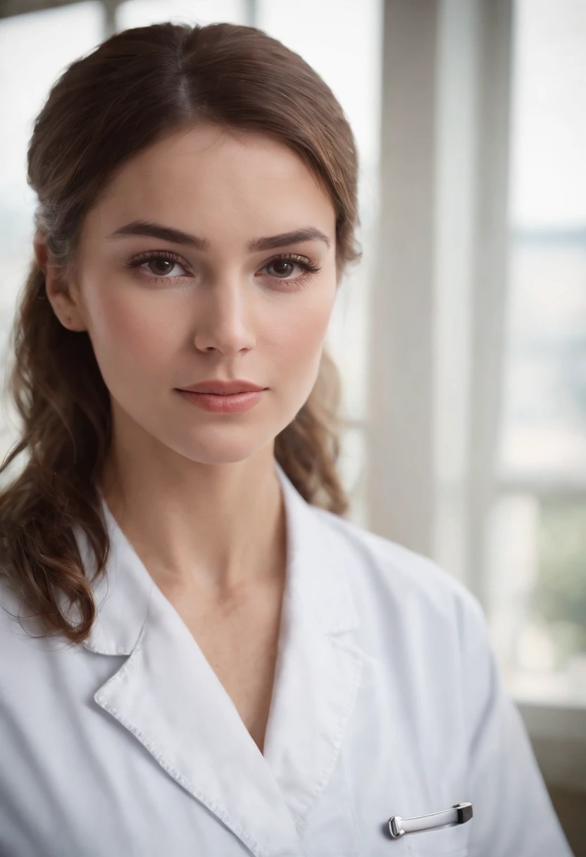Cinematic portrait, ((medium close-up)), facing the audience, (Reality :1.4), a woman looking into the camera, female nurse, nurse costume, detailed beautiful face, action shot, hospital background, daytime, photo realistic, CG, art station, masterpiece, HD photography