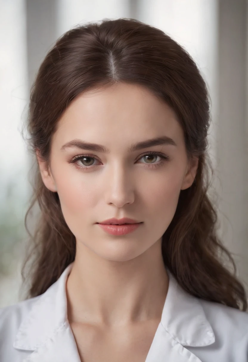 Cinematic portrait, ((medium close-up)), facing the audience, (Reality :1.4), a woman looking into the camera, female nurse, nurse costume, detailed beautiful face, action shot, hospital background, daytime, photo realistic, CG, art station, masterpiece, HD photography