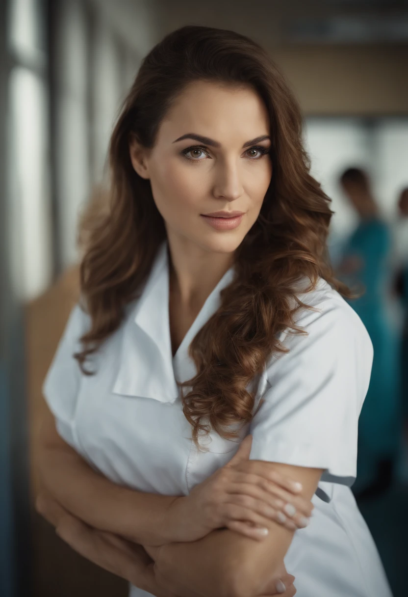 Cinematic portrait, ((medium close-up)), facing the audience, (Reality :1.4), a woman looking into the camera, female nurse, nurse costume, detailed beautiful face, action shot, hospital background, daytime, photo realistic, CG, art station, masterpiece, HD photography