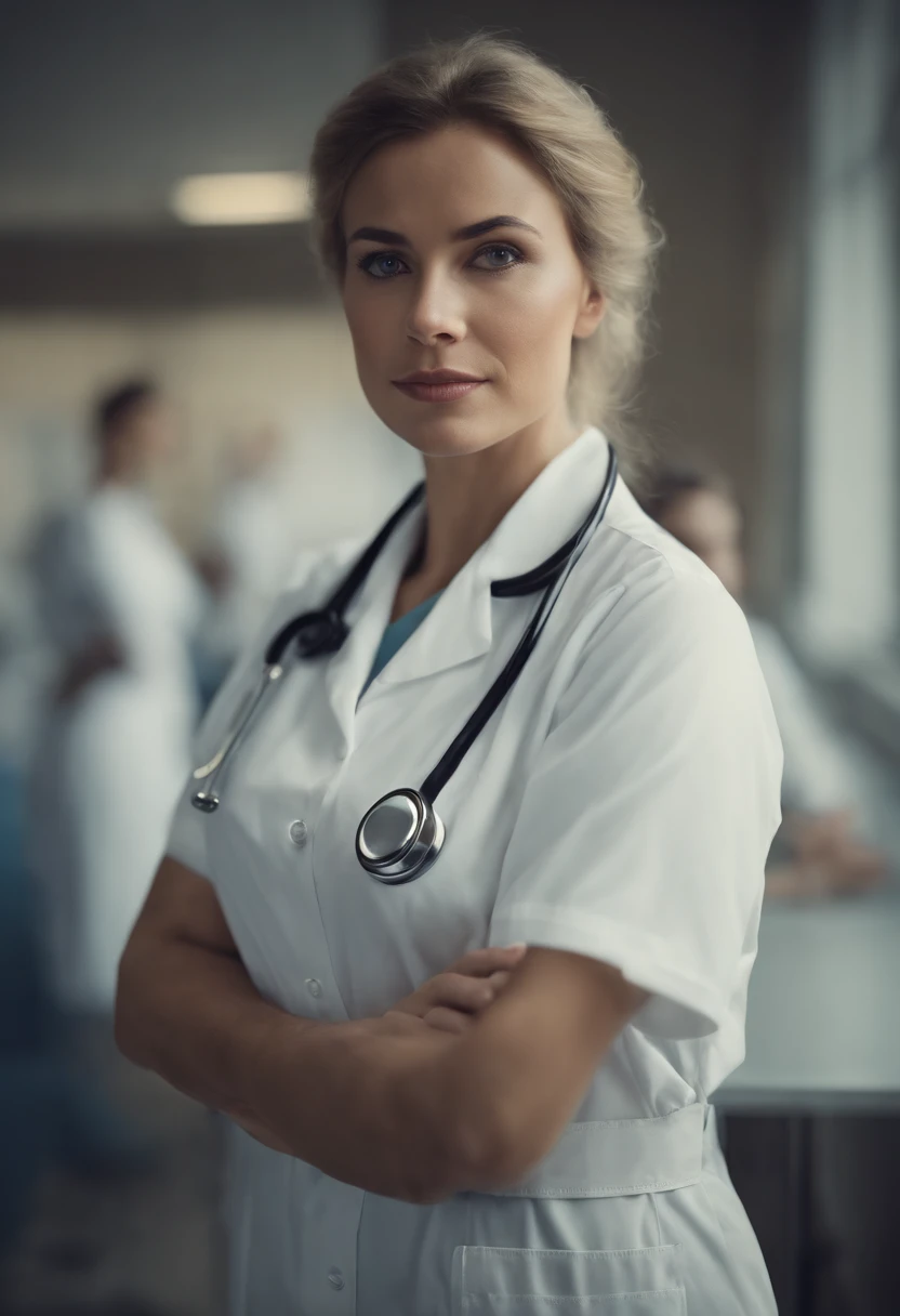 Cinematic portrait, ((medium close-up)), facing the audience, (Reality :1.4), a woman looking into the camera, female nurse, nurse costume, detailed beautiful face, action shot, hospital background, daytime, photo realistic, CG, art station, masterpiece, HD photography